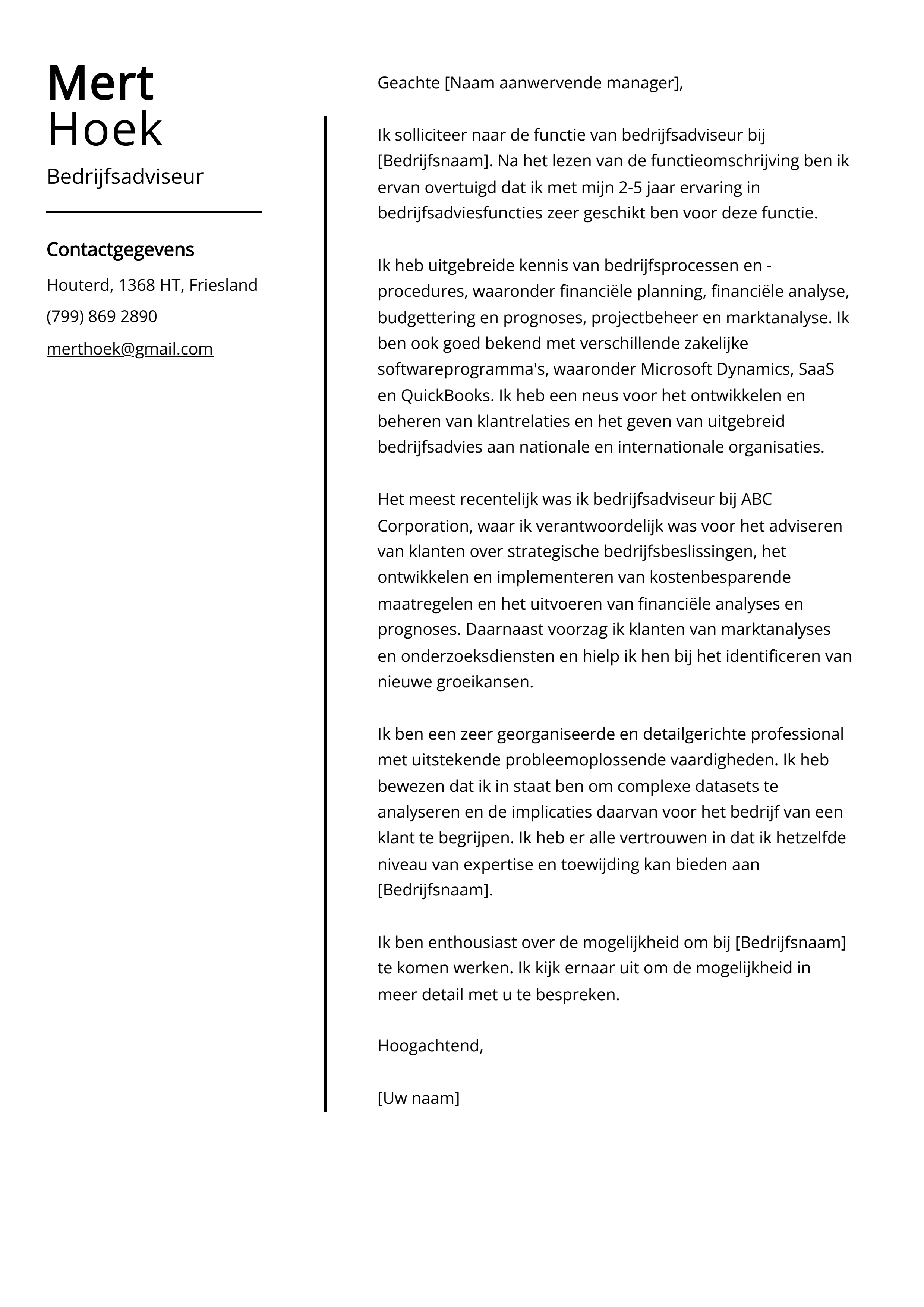 Bedrijfsadviseur Sollicitatiebrief Voorbeeld