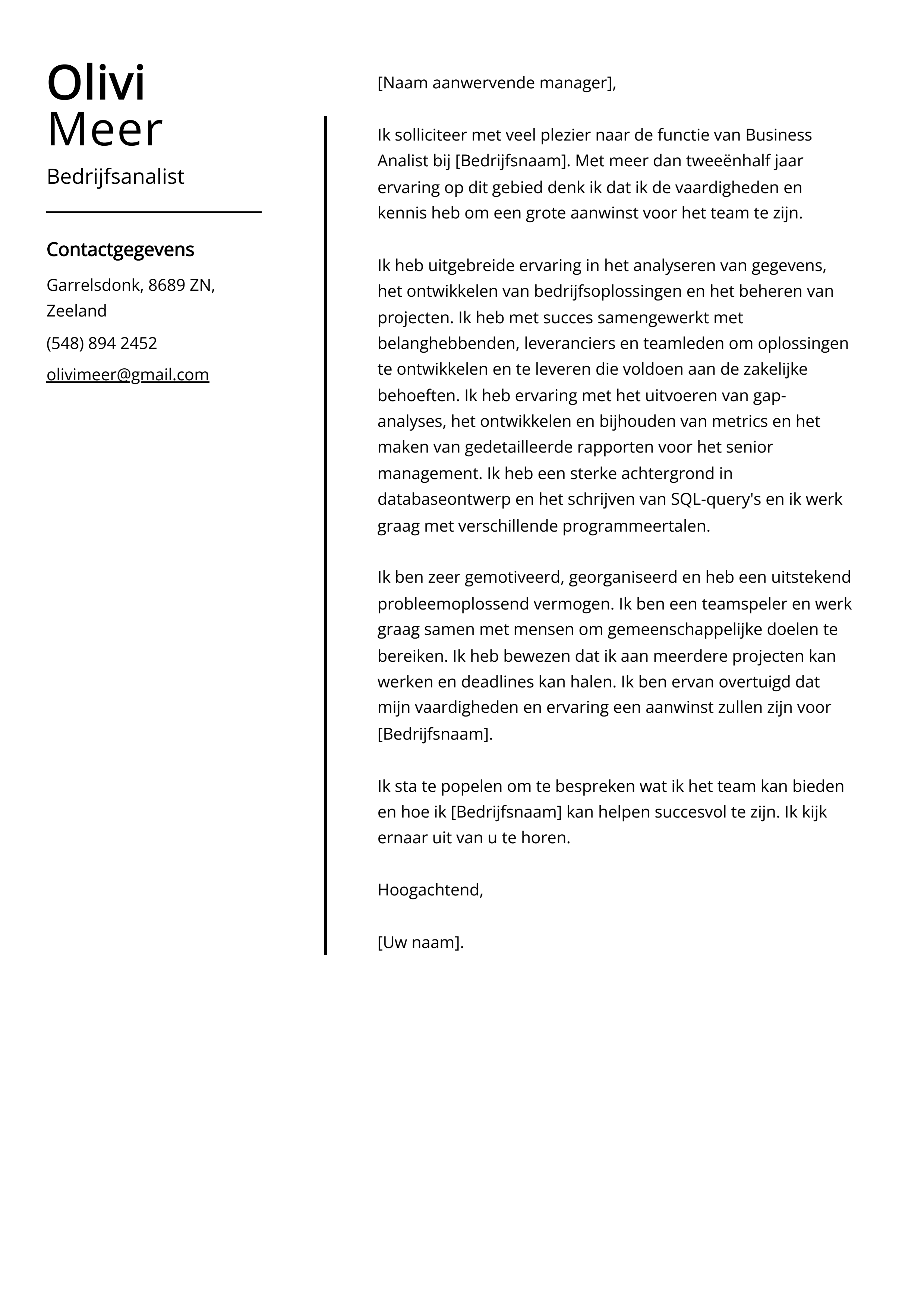 Bedrijfsanalist Cover Letter Voorbeeld