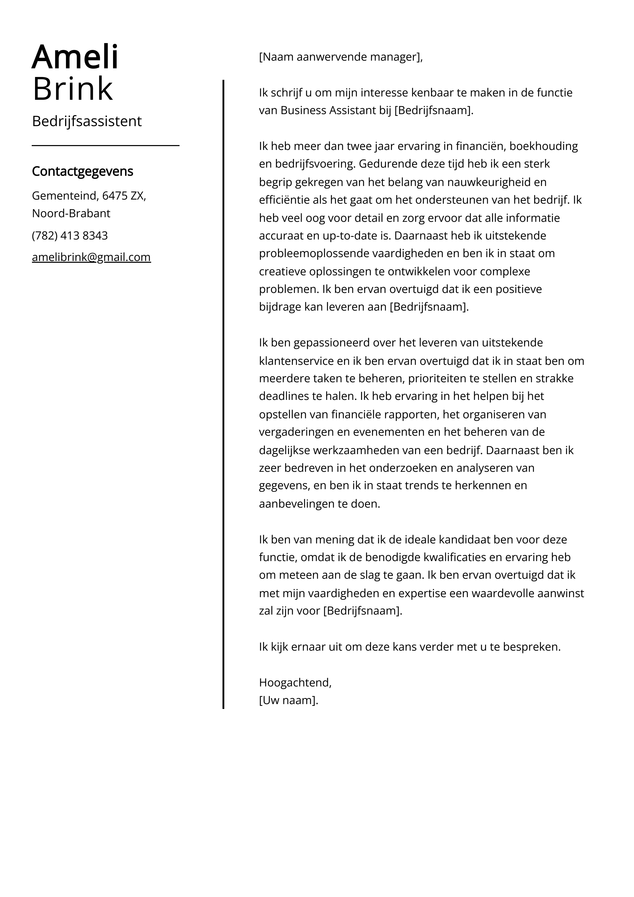 Voorbeeld sollicitatiebrief bedrijfsassistent