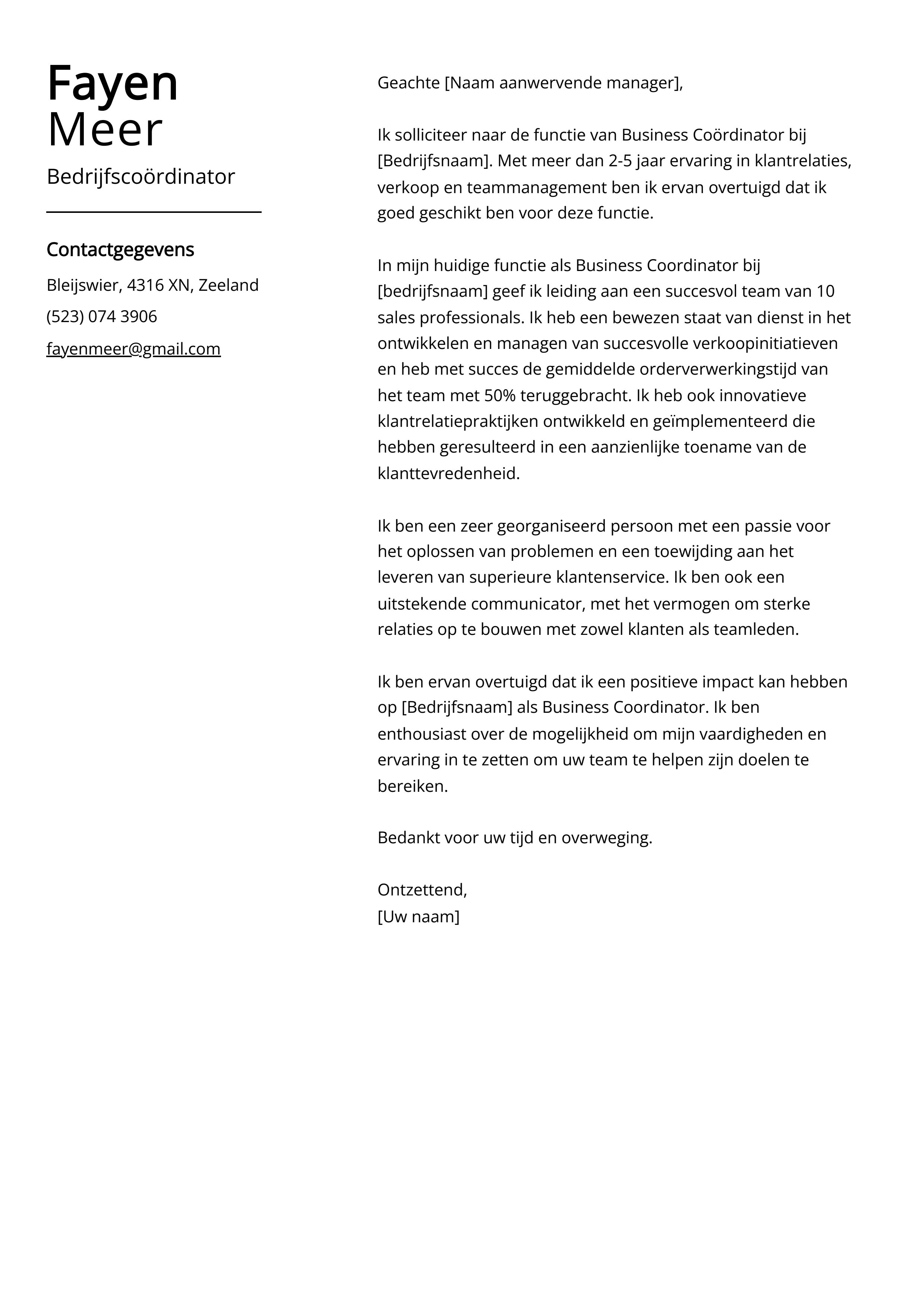 Voorbeeld sollicitatiebrief bedrijfscoördinator