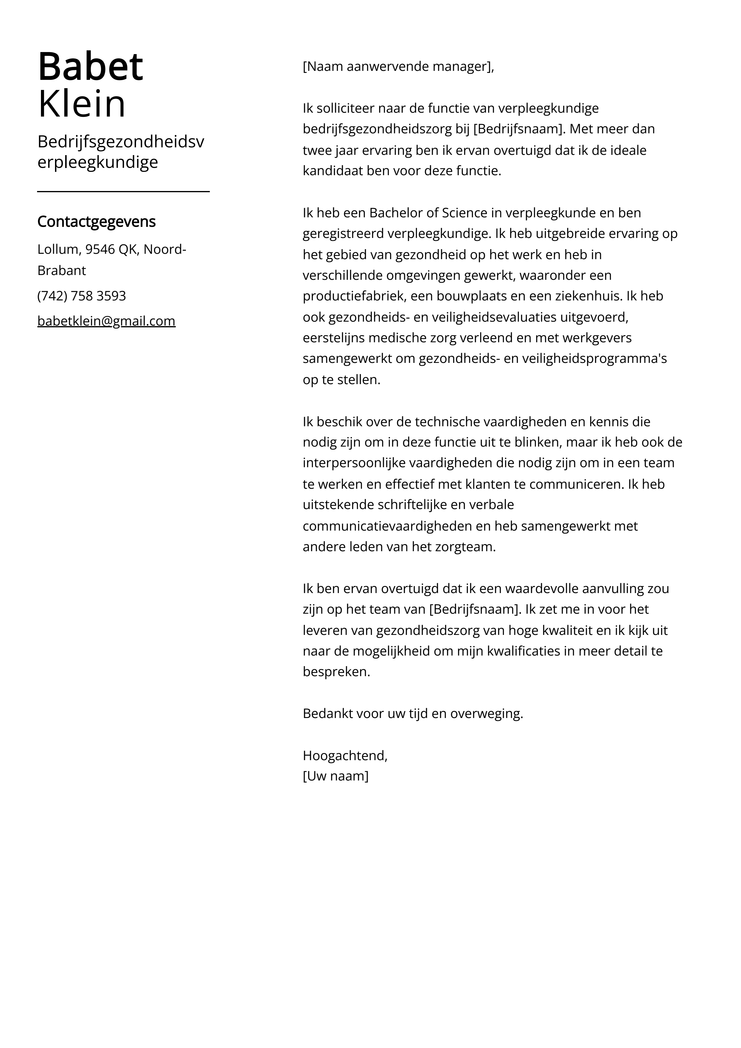 Bedrijfsgezondheidsverpleegkundige Voorbeeld sollicitatiebrief