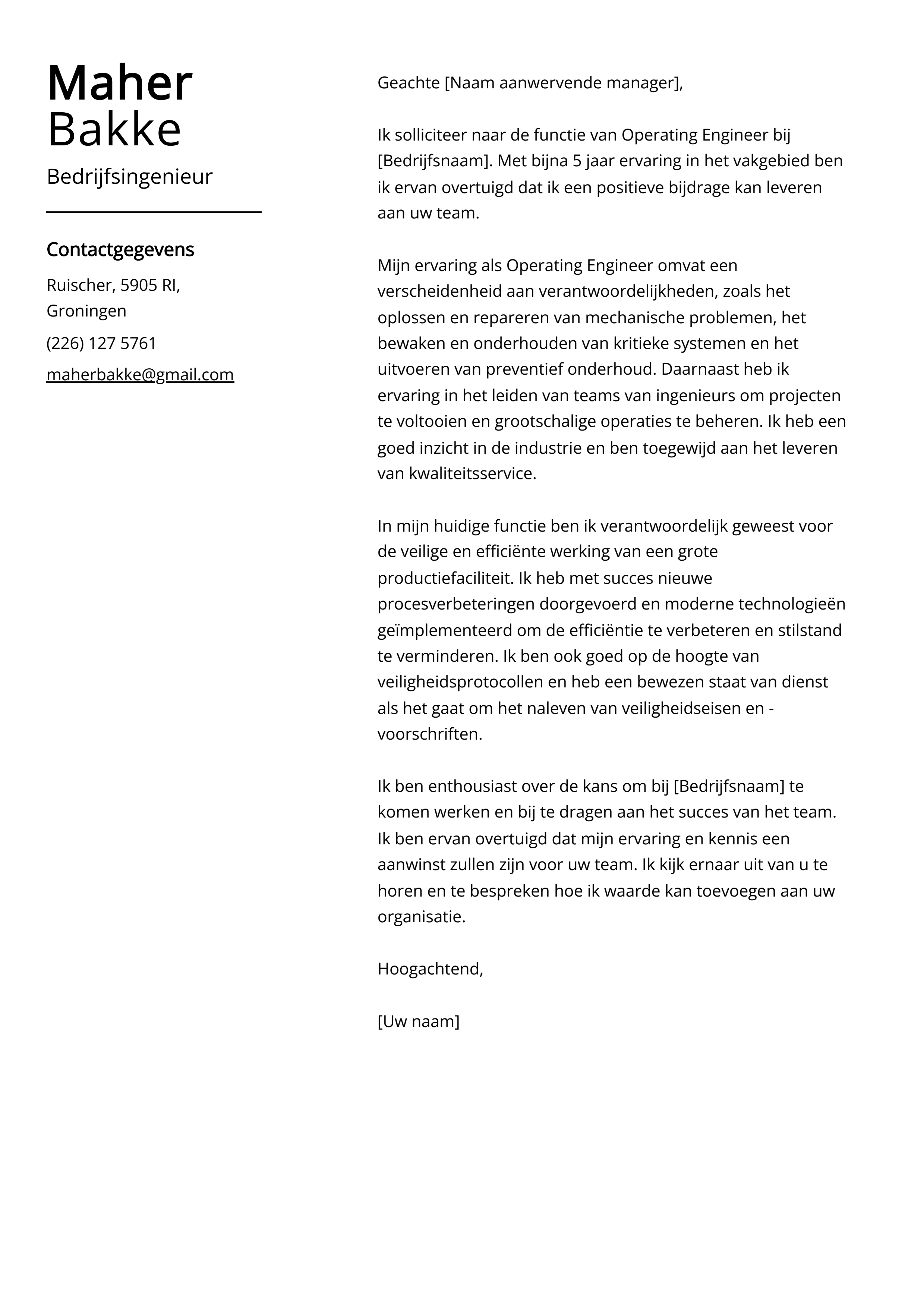 Voorbeeld sollicitatiebrief bedrijfsingenieur