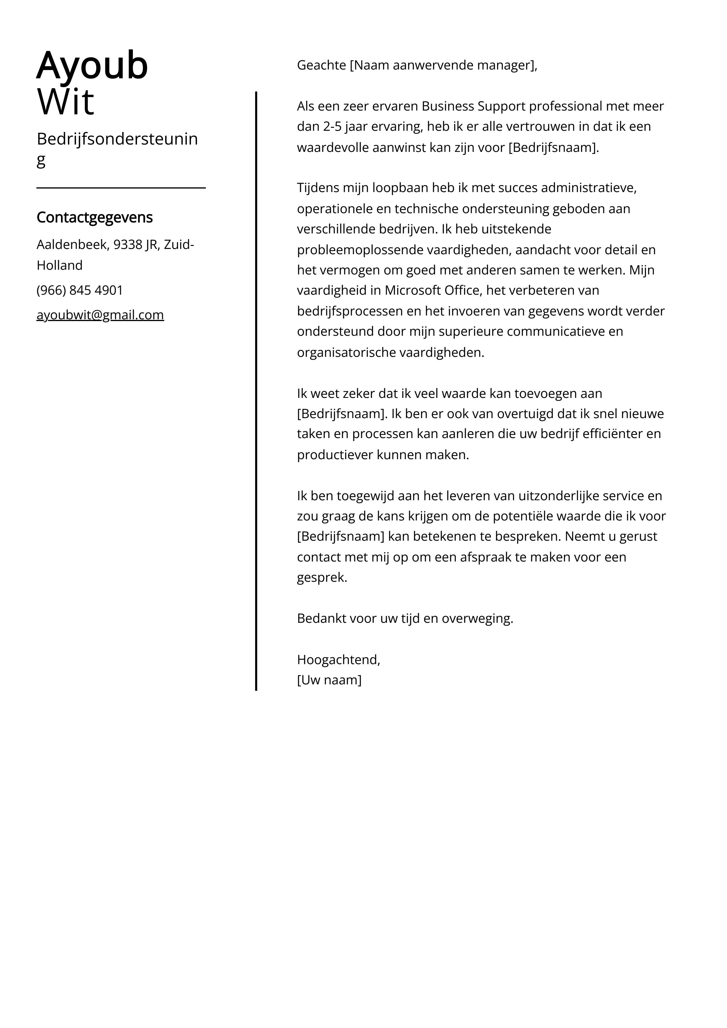 Bedrijfsondersteuning Cover Letter Voorbeeld