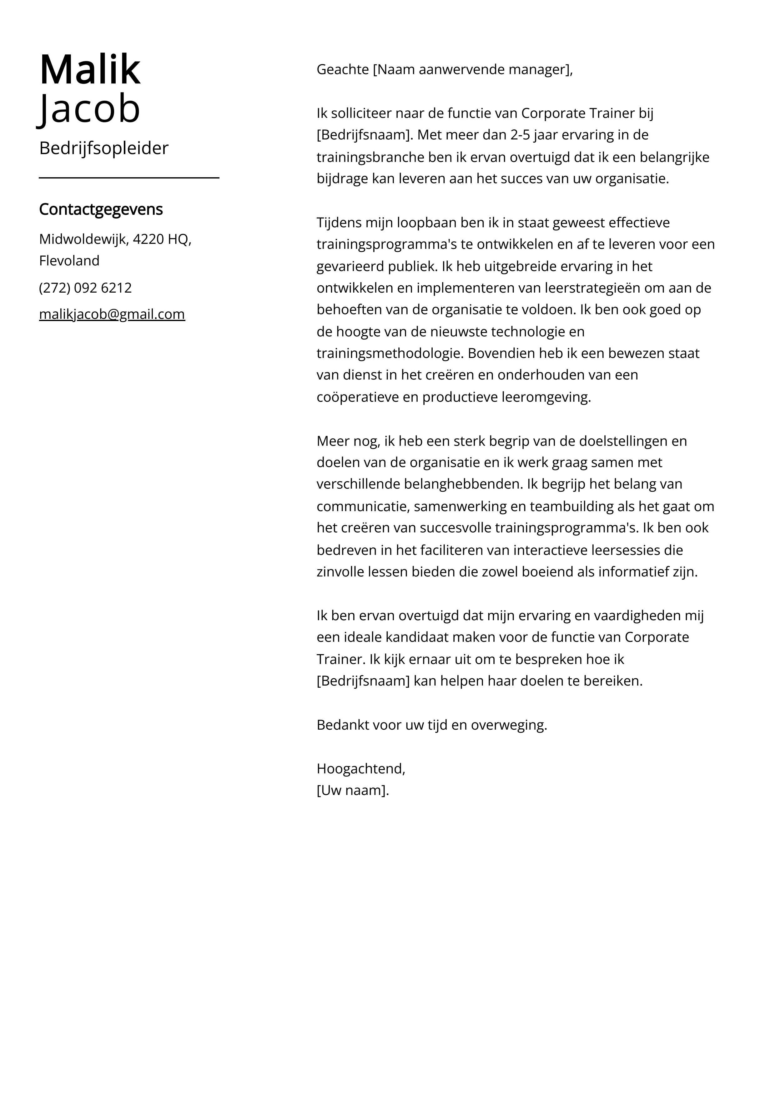 Voorbeeld sollicitatiebrief bedrijfsopleider