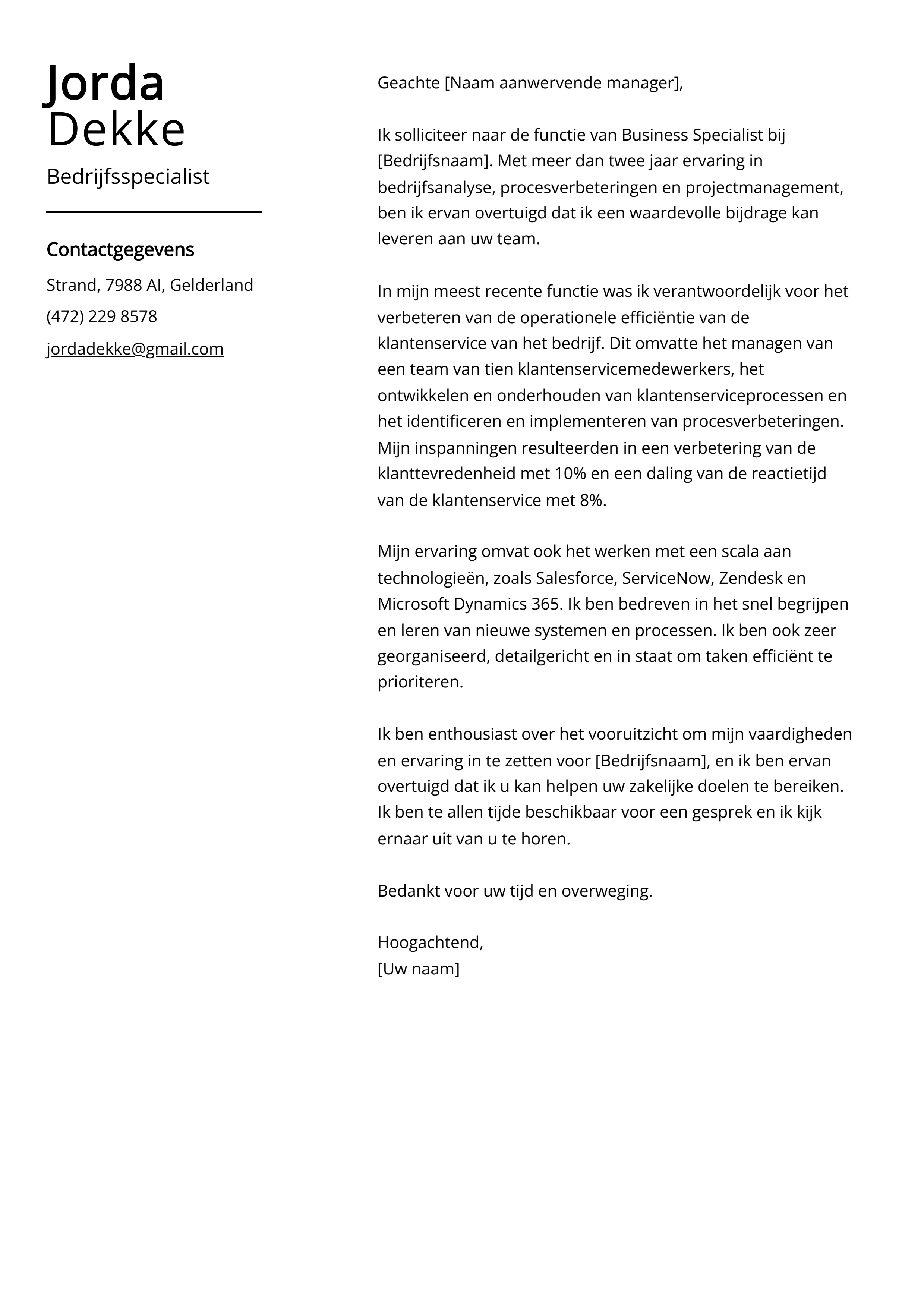 Bedrijfsspecialist Cover Letter Voorbeeld