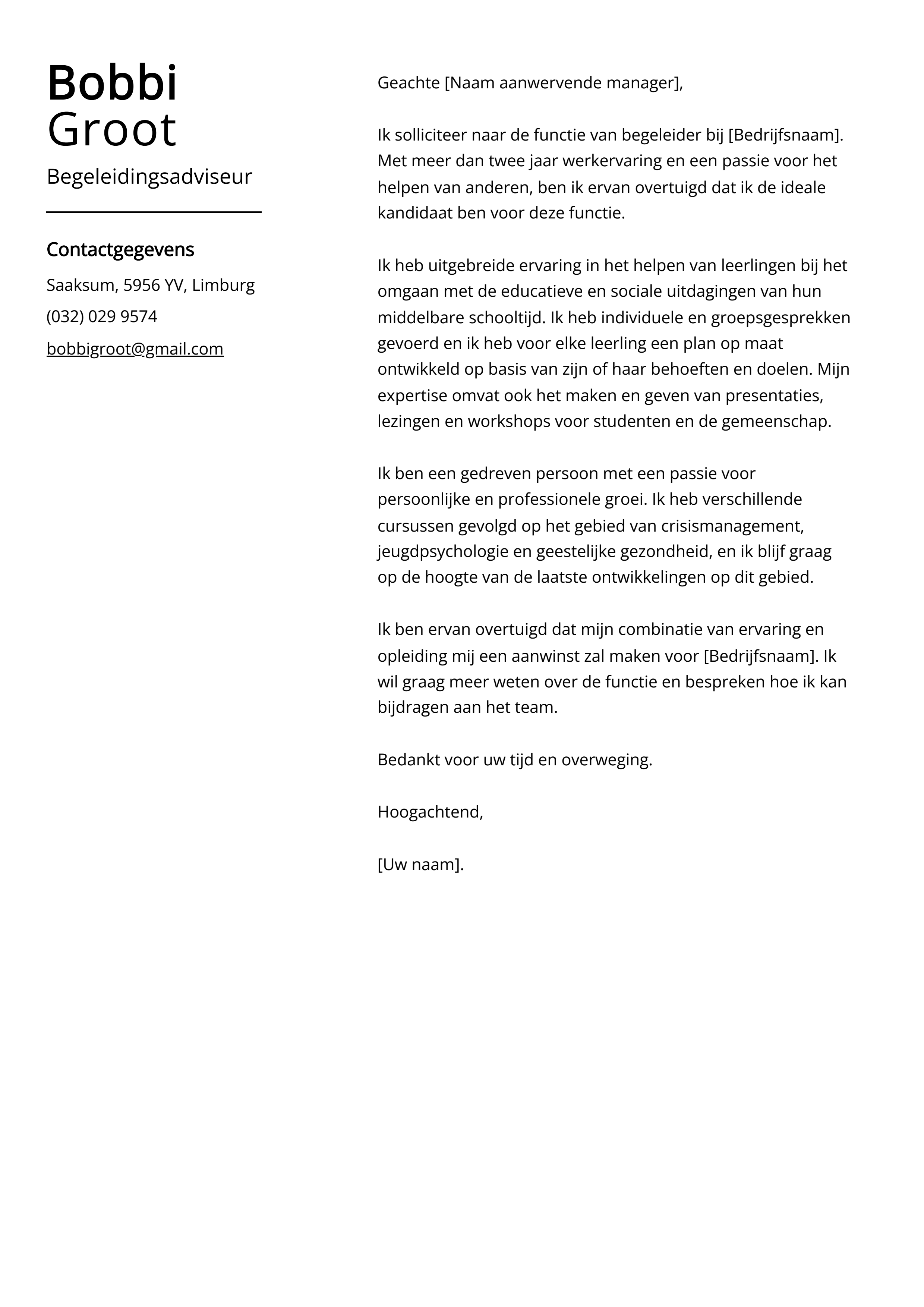 Begeleidingsadviseur Cover Letter Voorbeeld