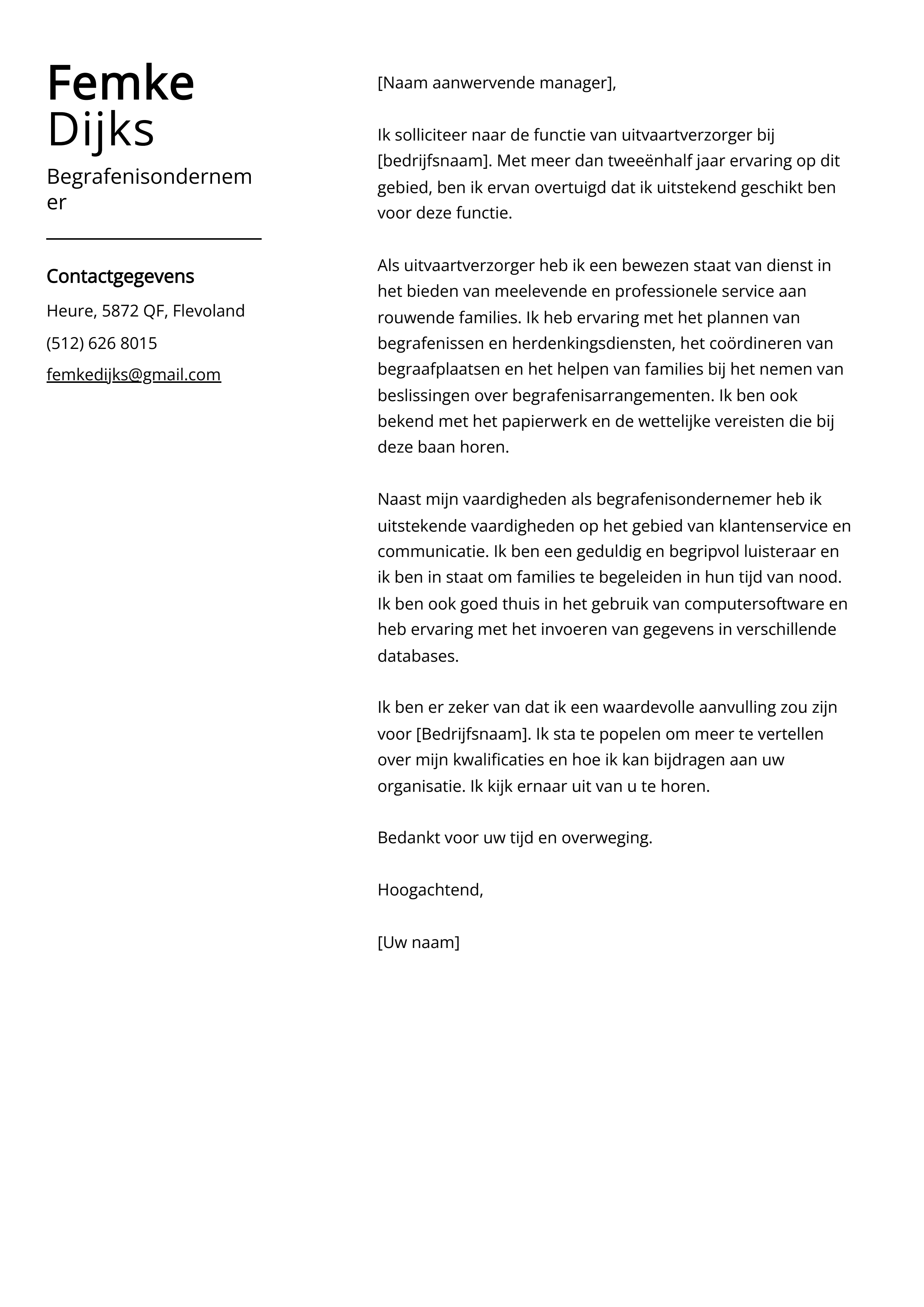 Begrafenisondernemer Sollicitatiebrief Voorbeeld