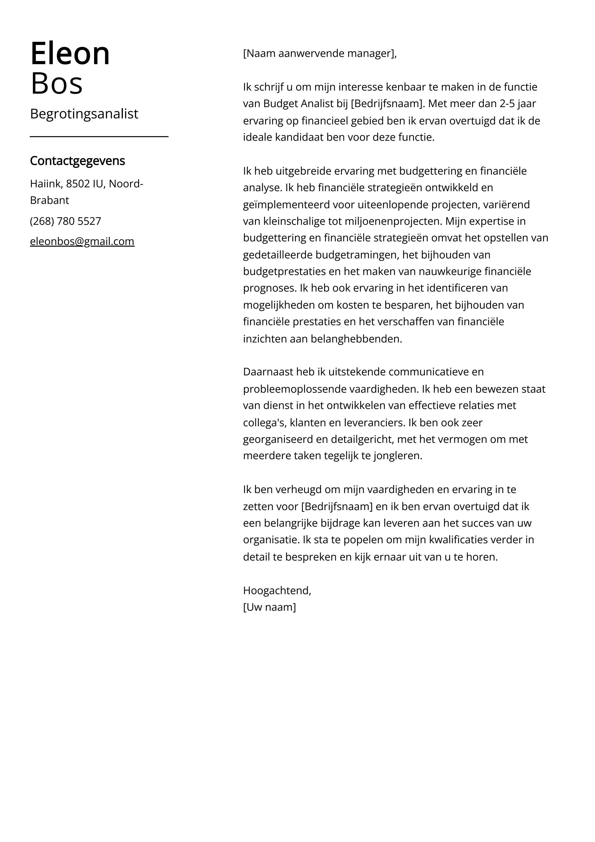 Begrotingsanalist Sollicitatiebrief Voorbeeld