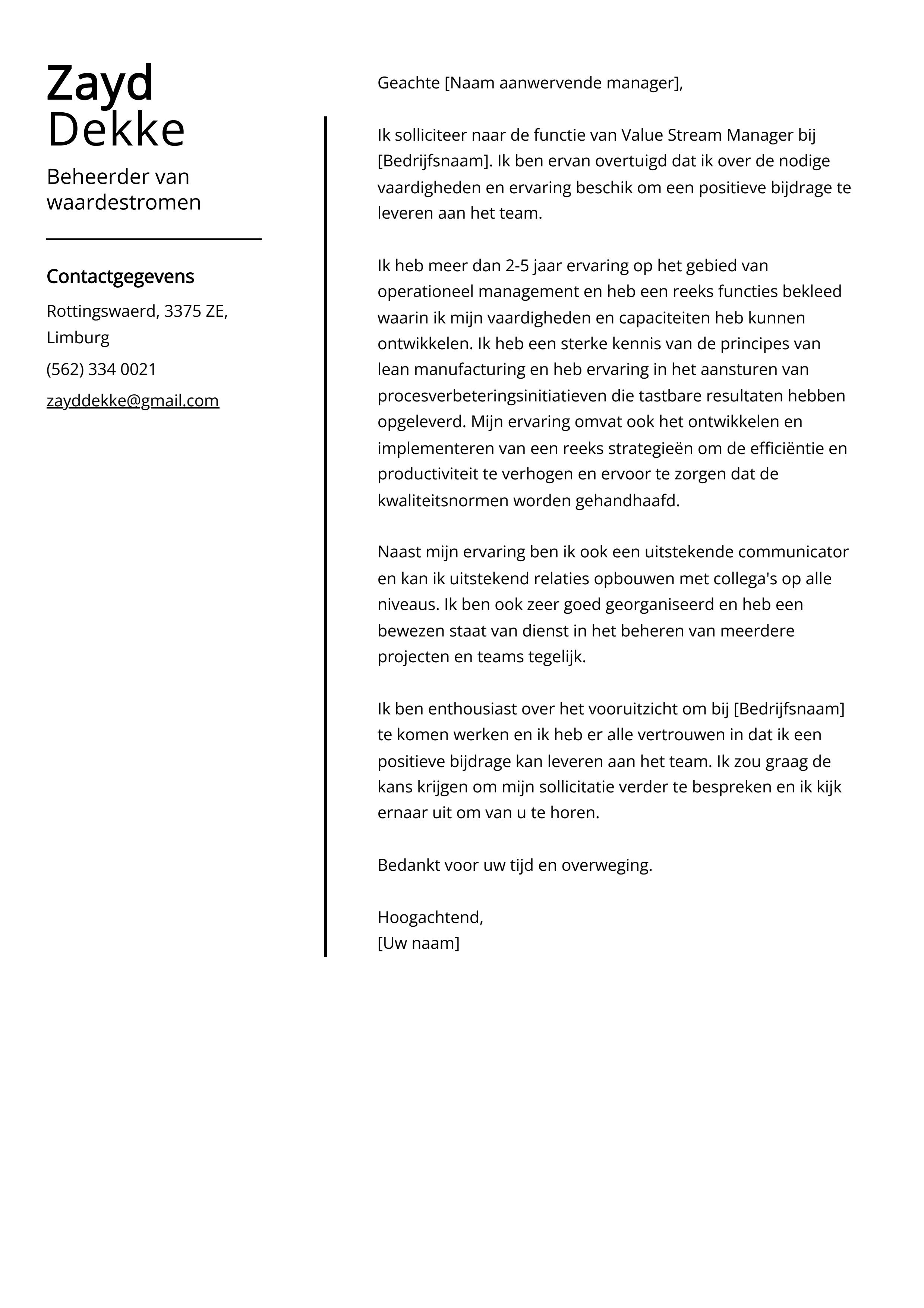 Beheerder van waardestromen Cover Letter Voorbeeld