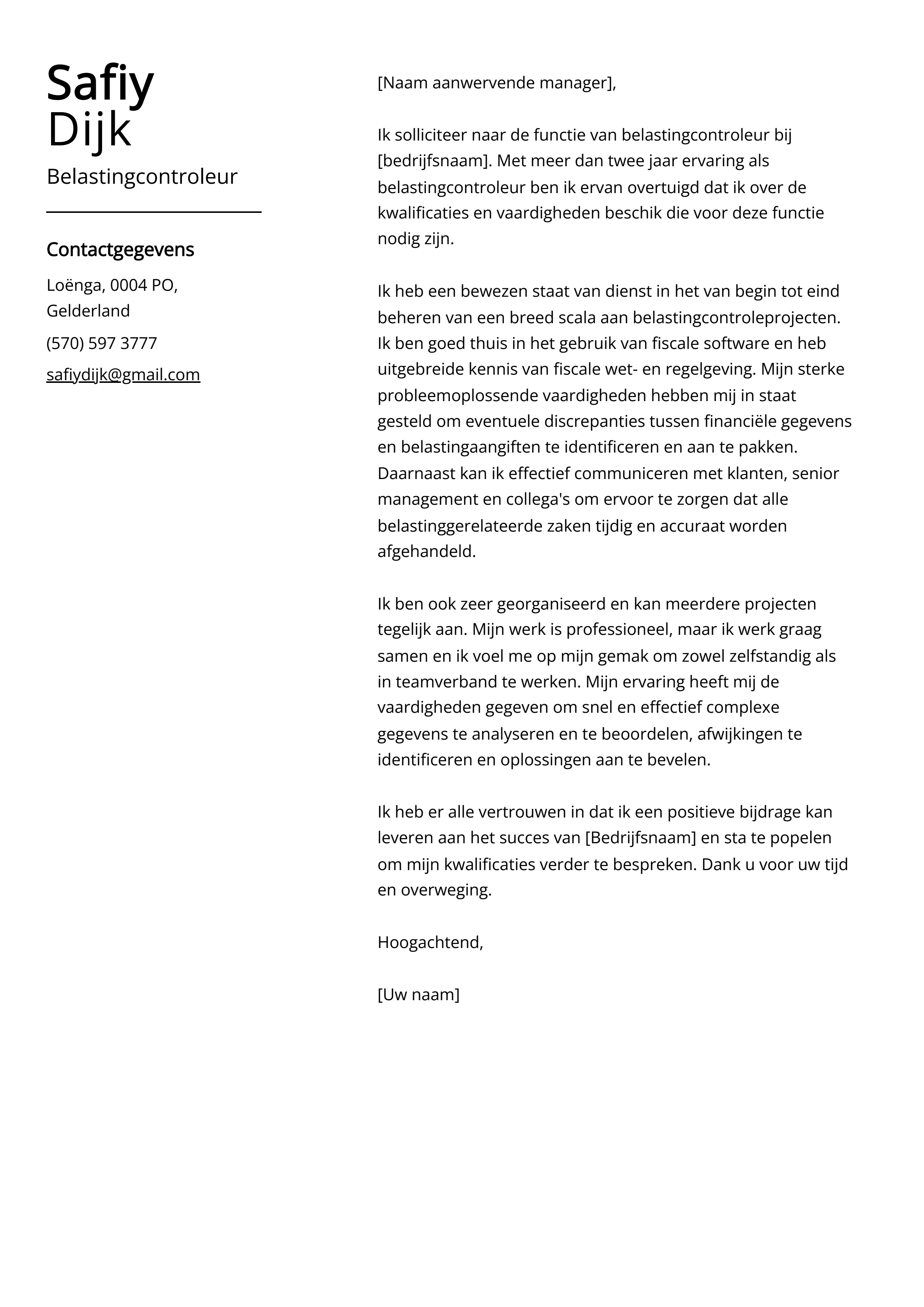 Belastingcontroleur sollicitatiebrief voorbeeld