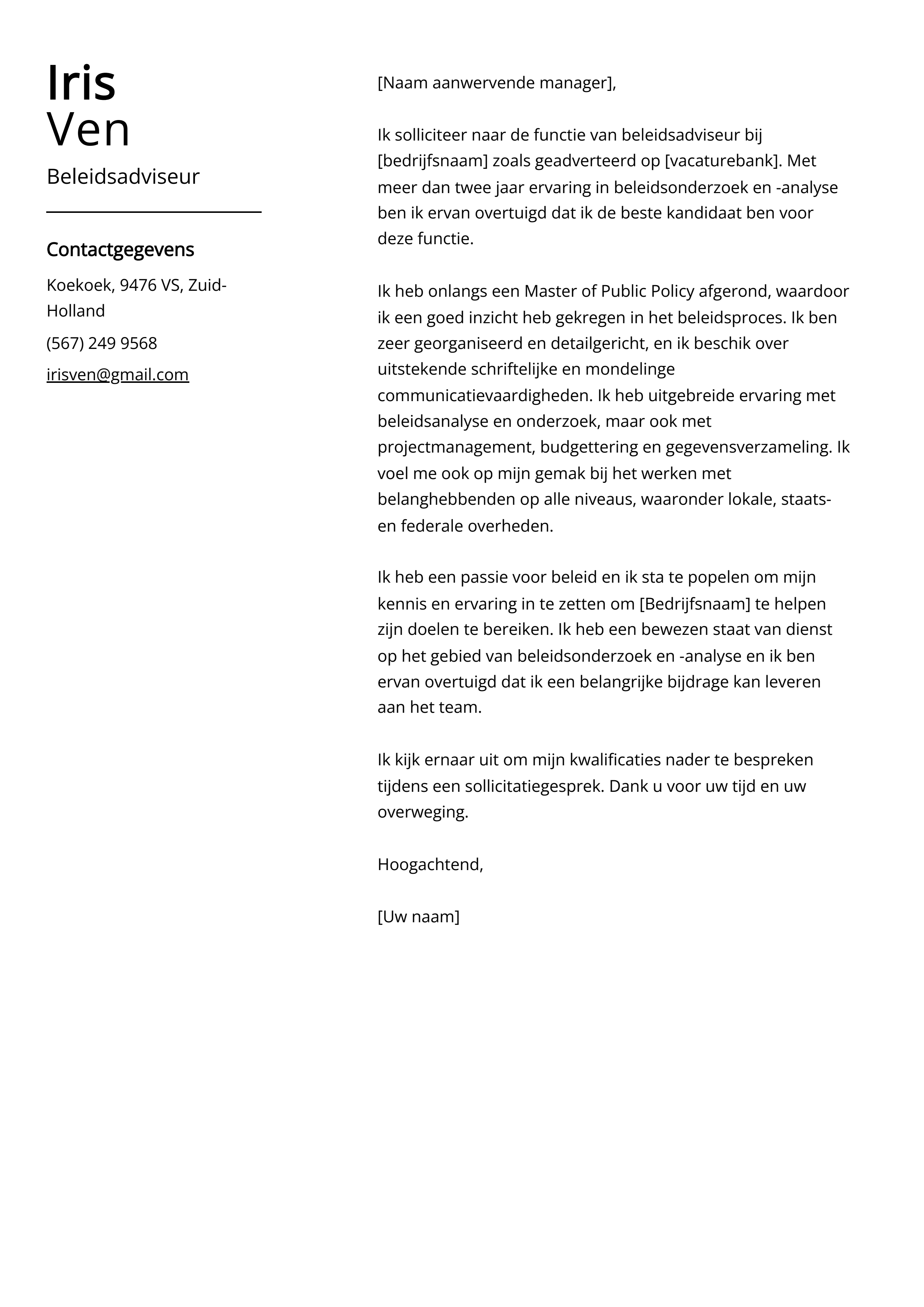 Beleidsadviseur Sollicitatiebrief Voorbeeld