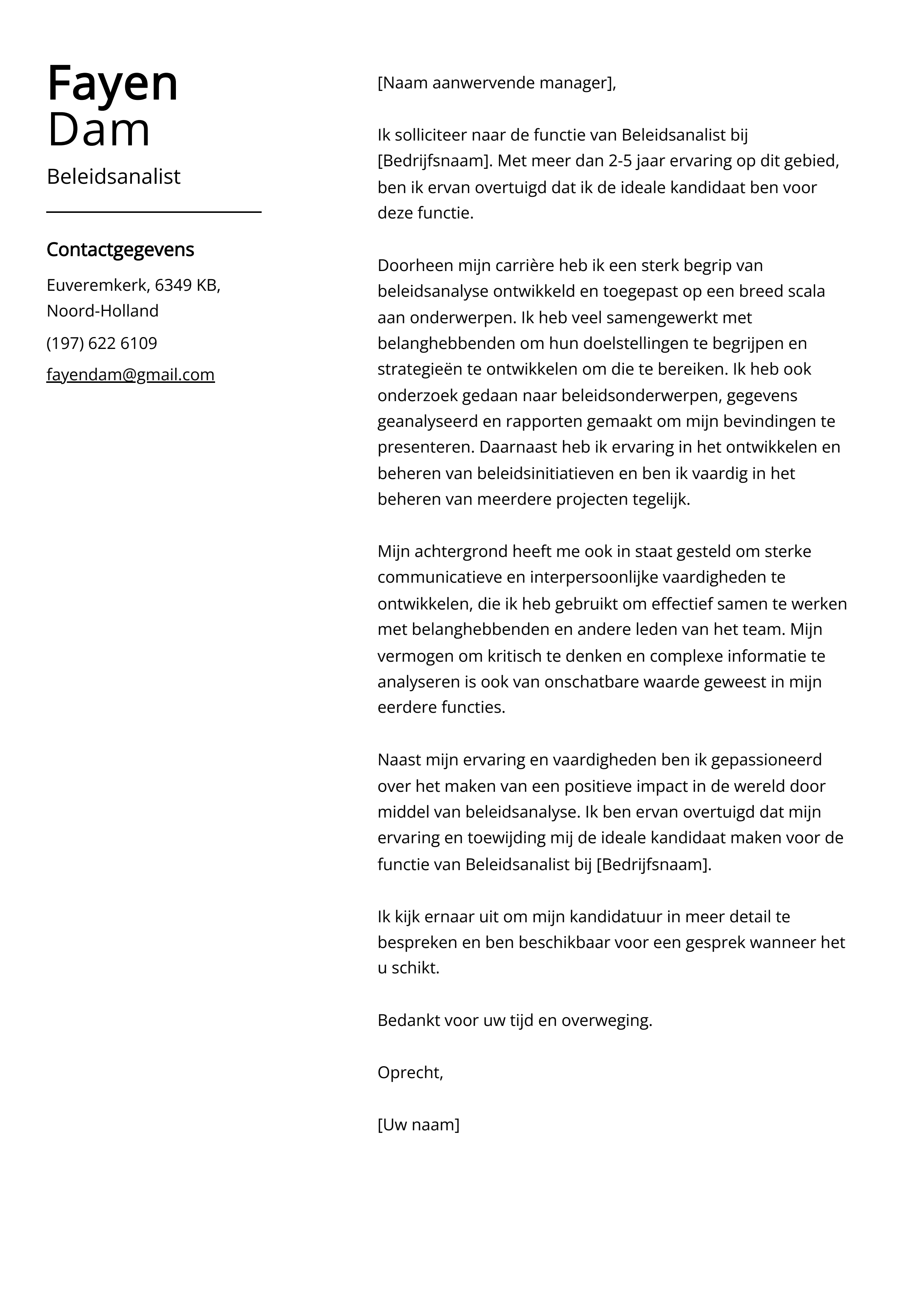 Beleidsanalist Sollicitatiebrief Voorbeeld