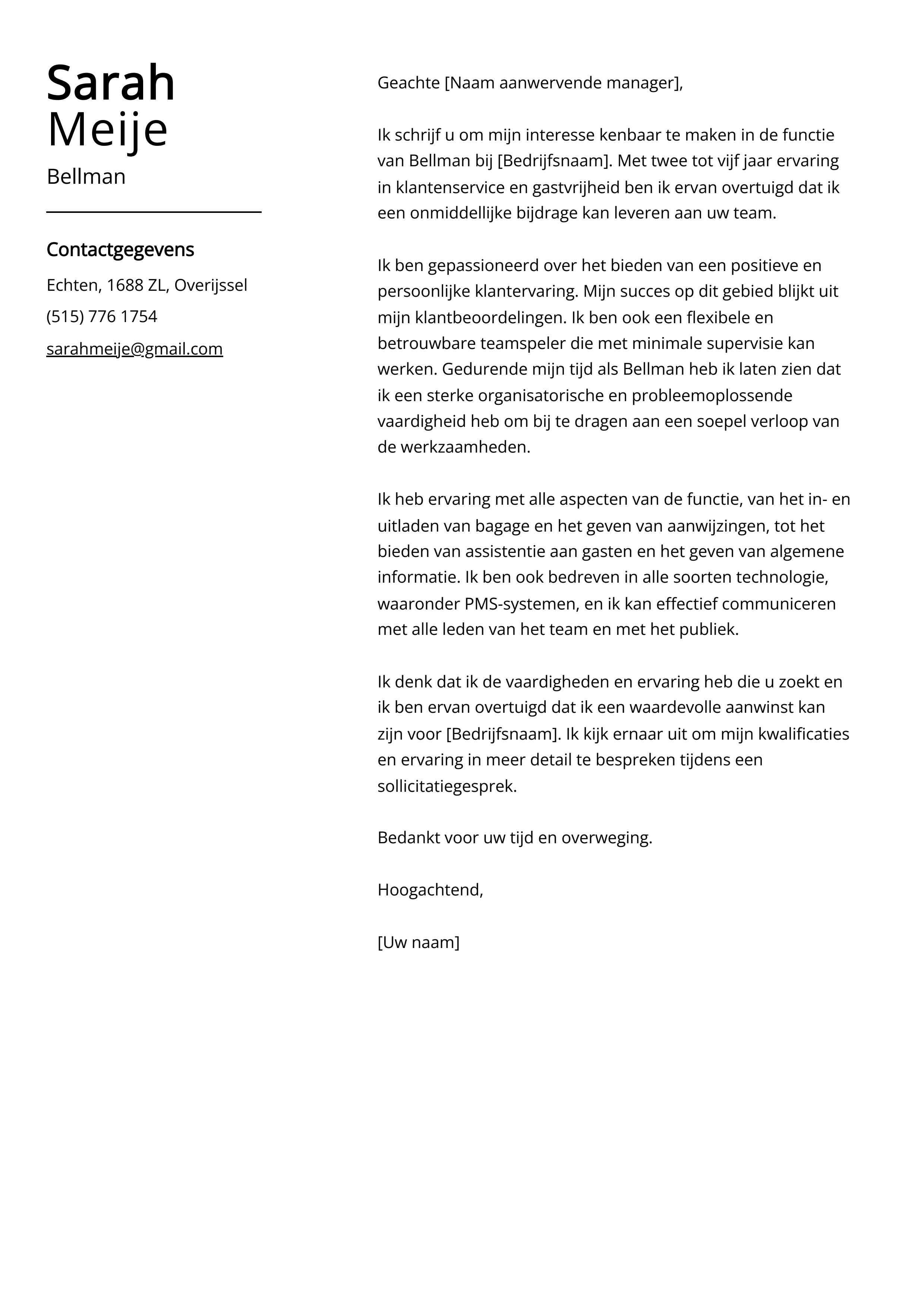 Bellman Voorbeeld sollicitatiebrief