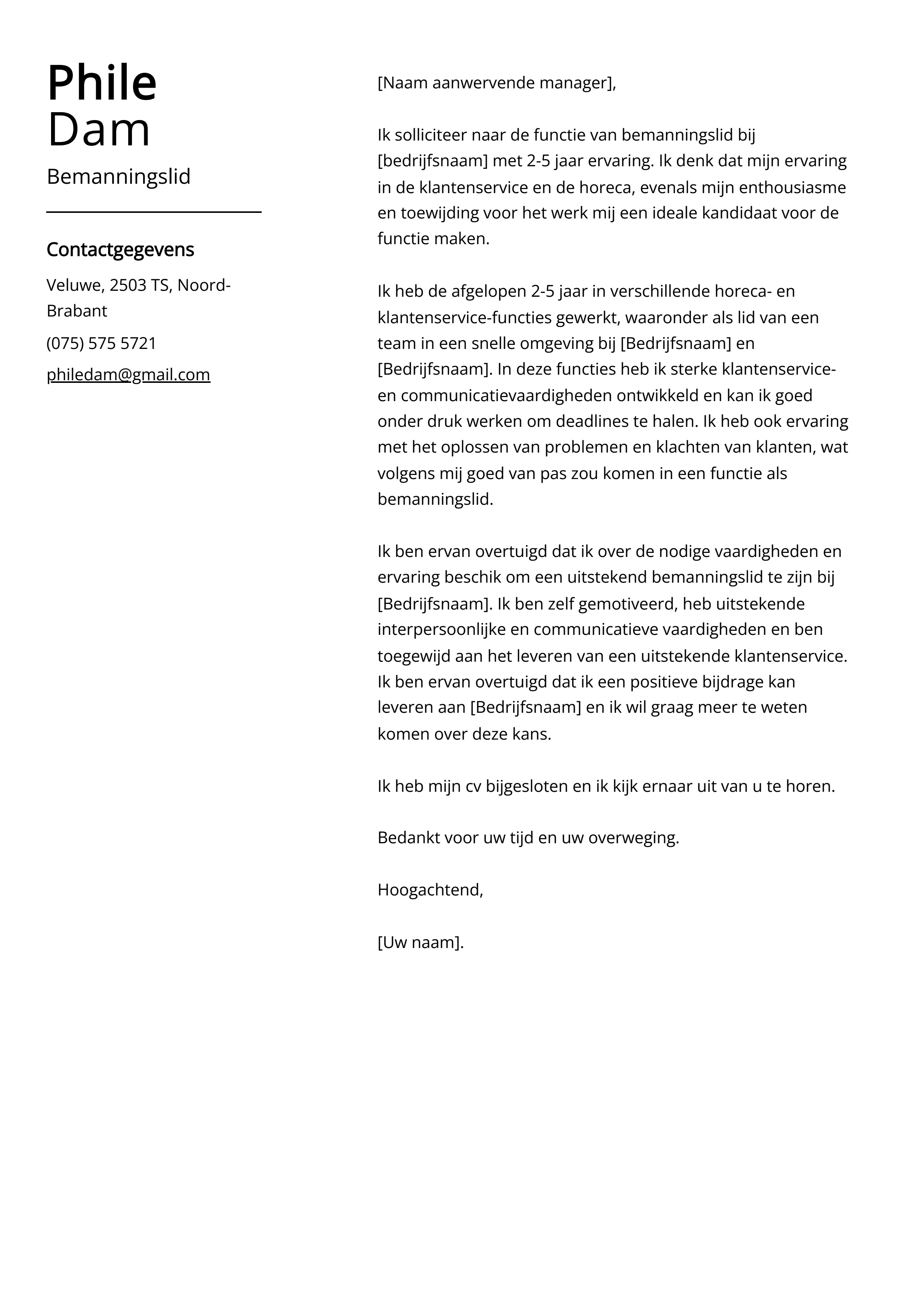 Bemanningslid Sollicitatiebrief Voorbeeld