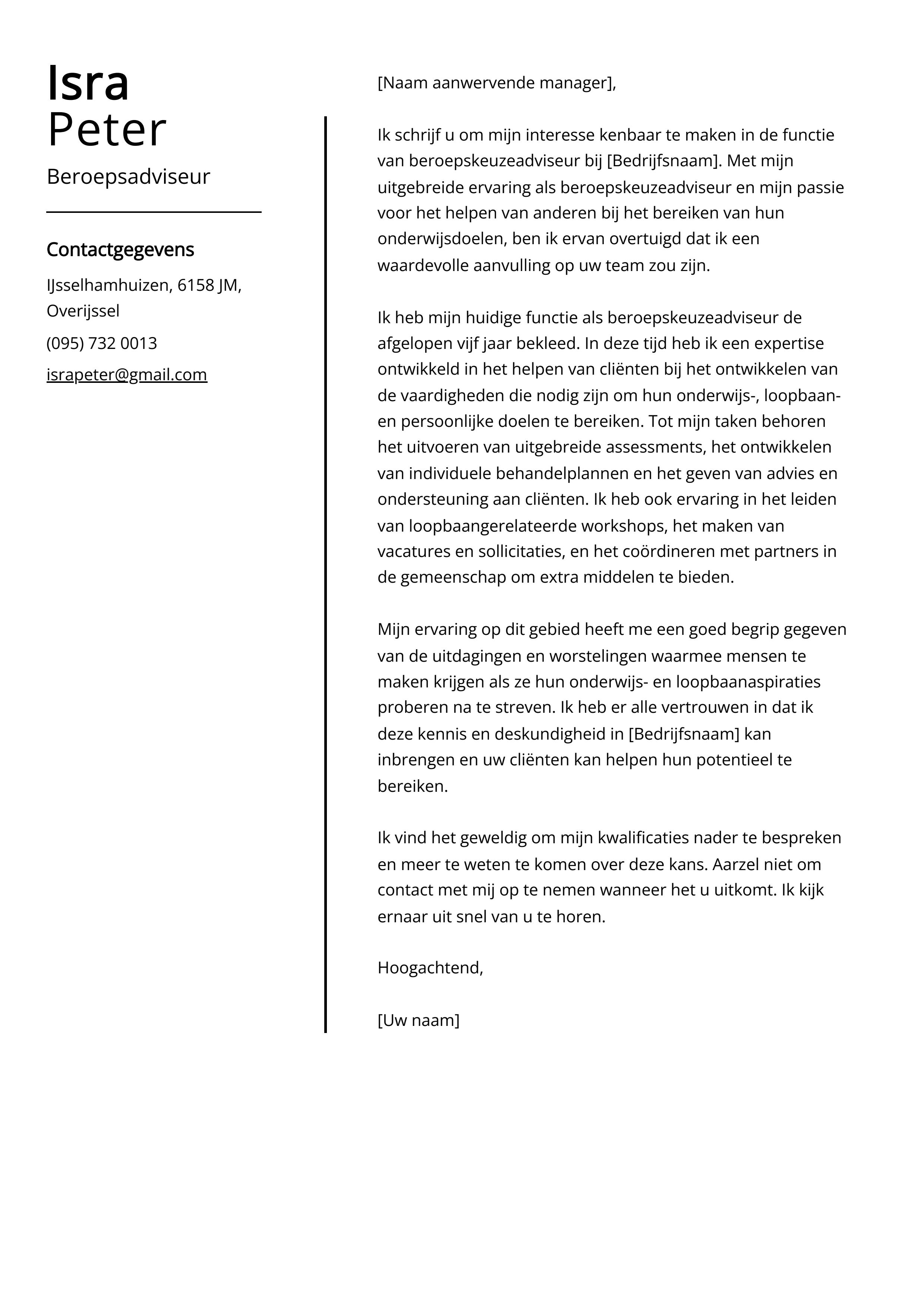 Beroepsadviseur Sollicitatiebrief Voorbeeld