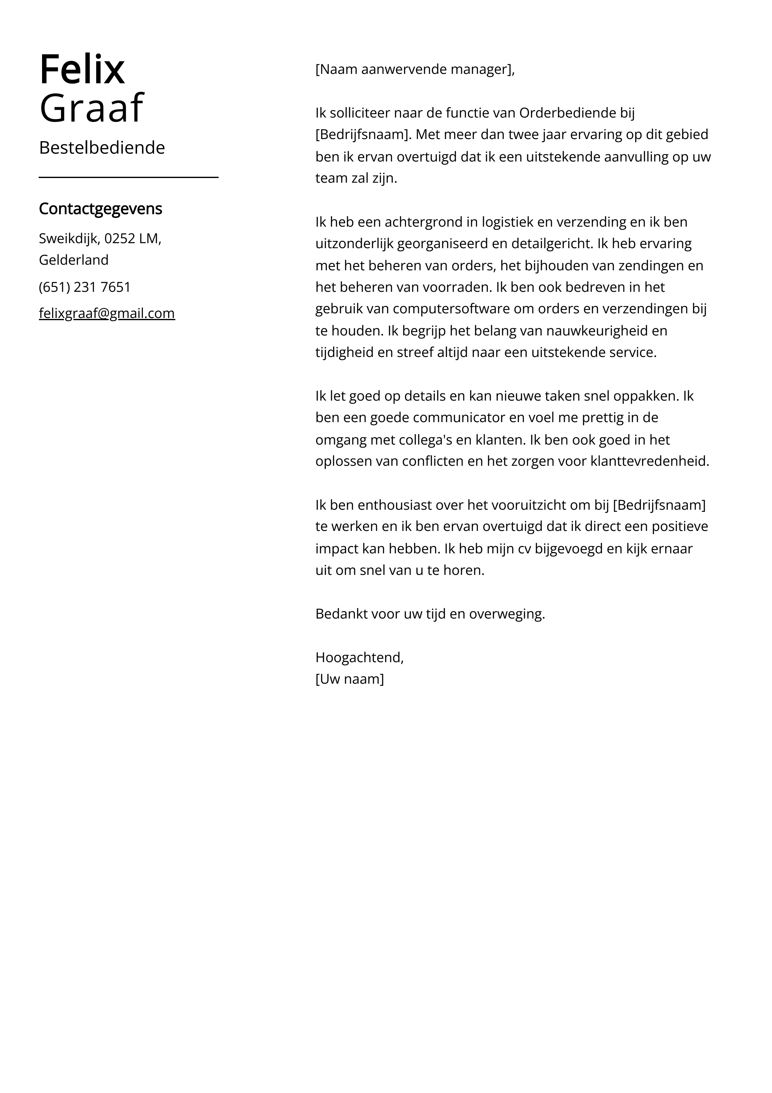 Bestelbediende Sollicitatiebrief Voorbeeld