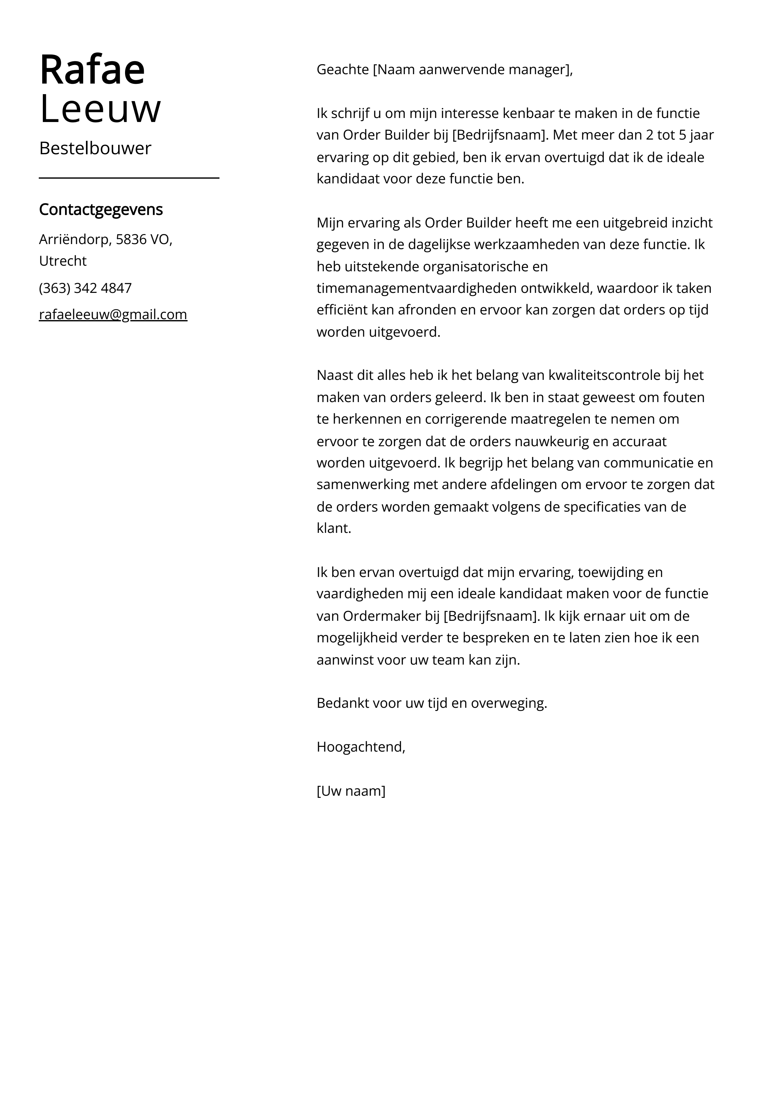 Bestelbouwer Sollicitatiebrief Voorbeeld