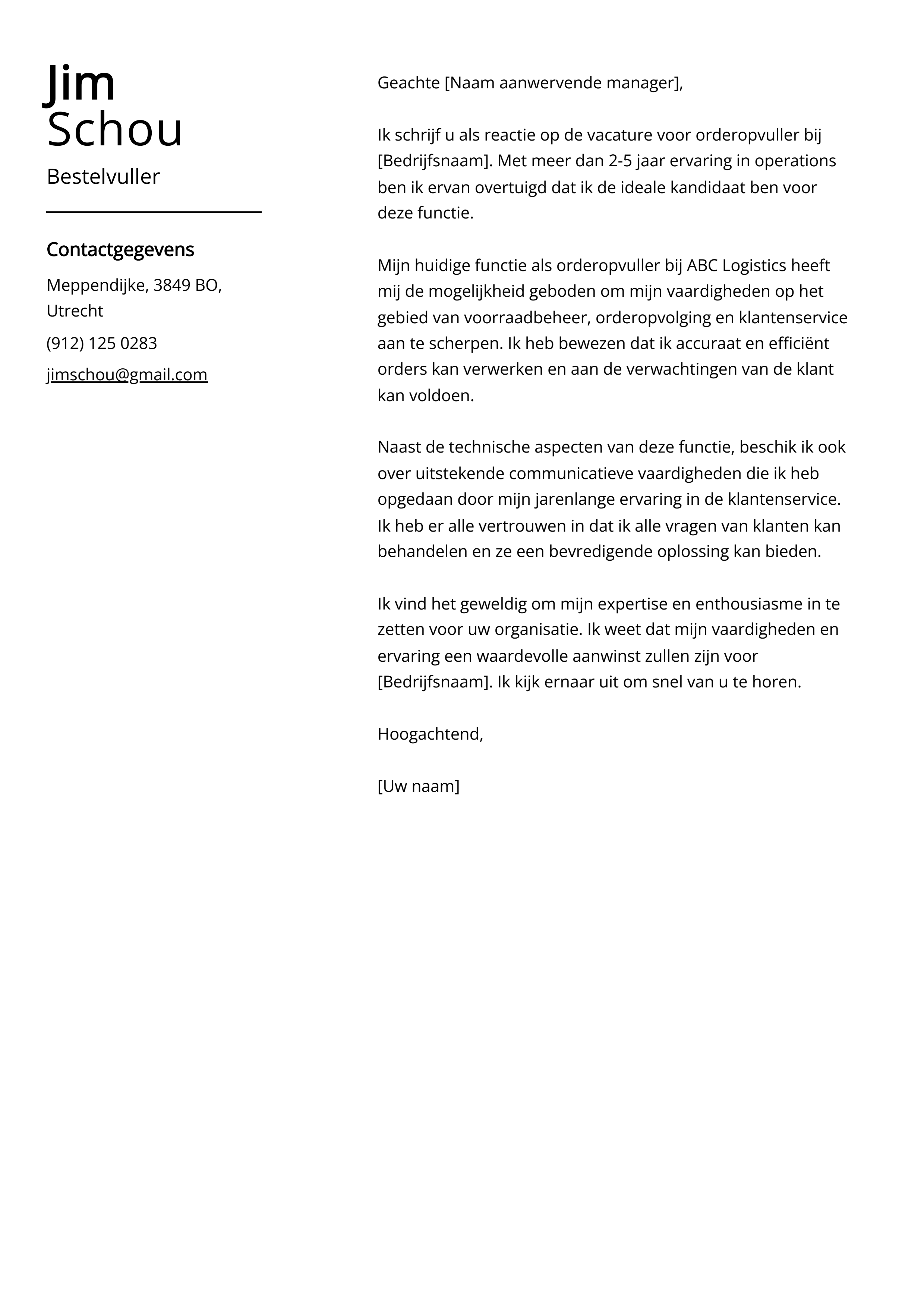 Bestelvuller Sollicitatiebrief Voorbeeld