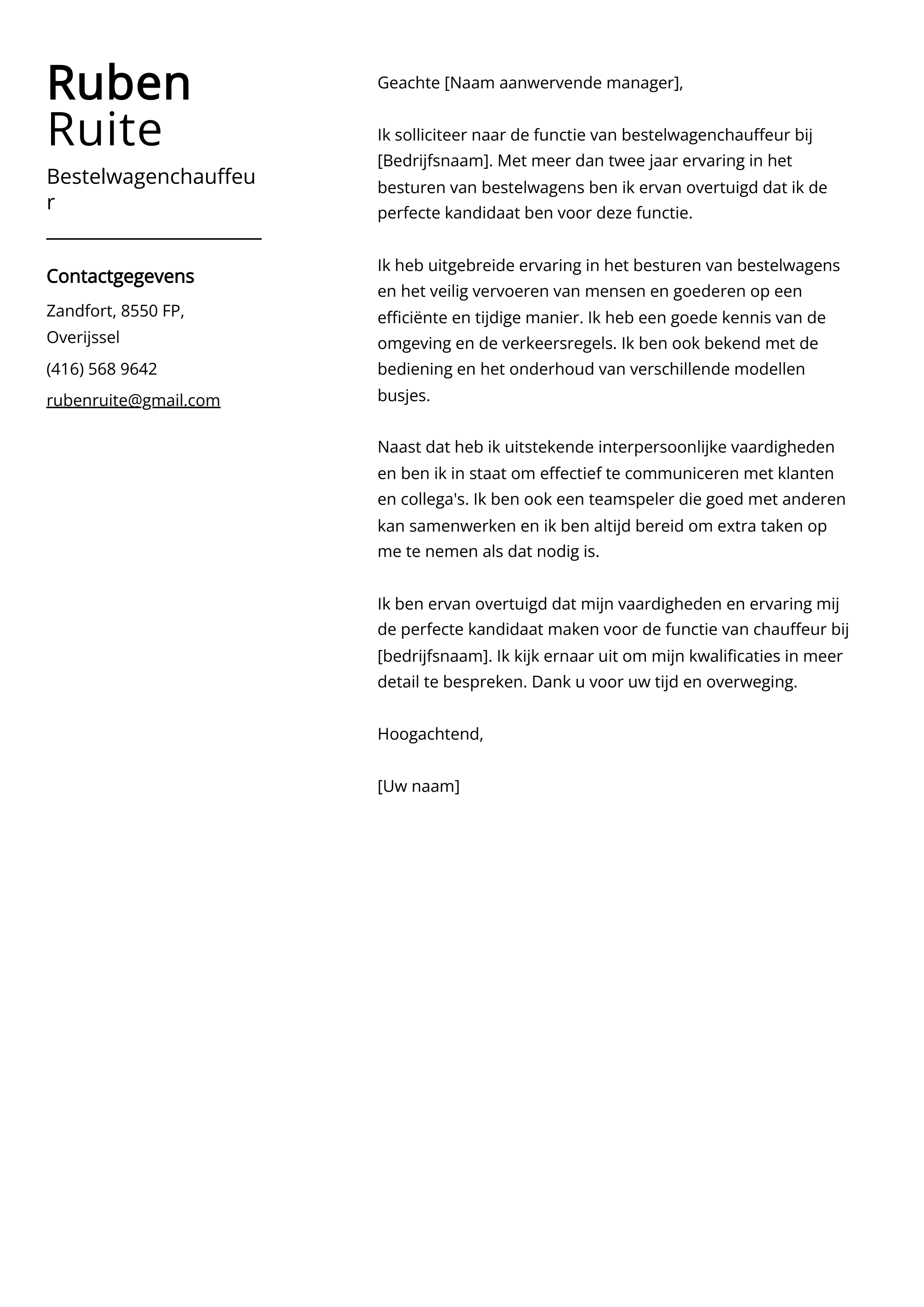 Bestelwagenchauffeur Voorbeeld sollicitatiebrief