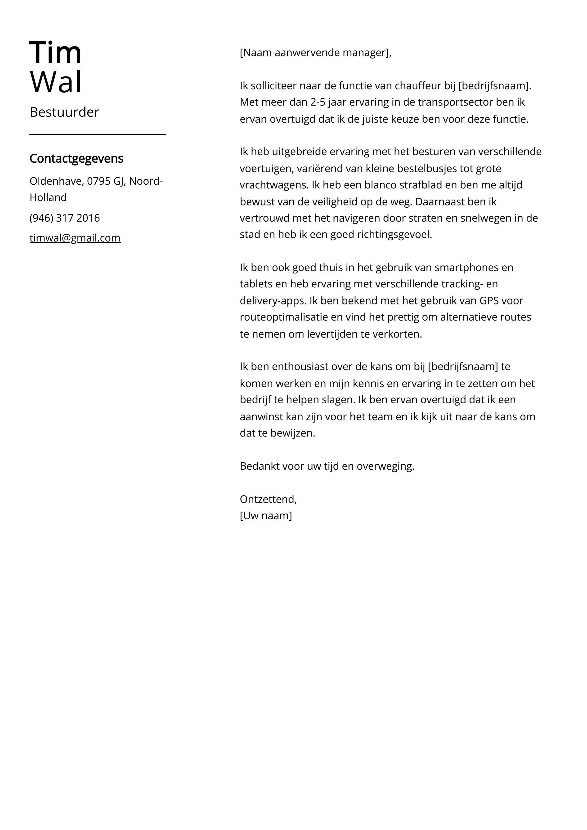 Bestuurder Sollicitatiebrief Voorbeeld