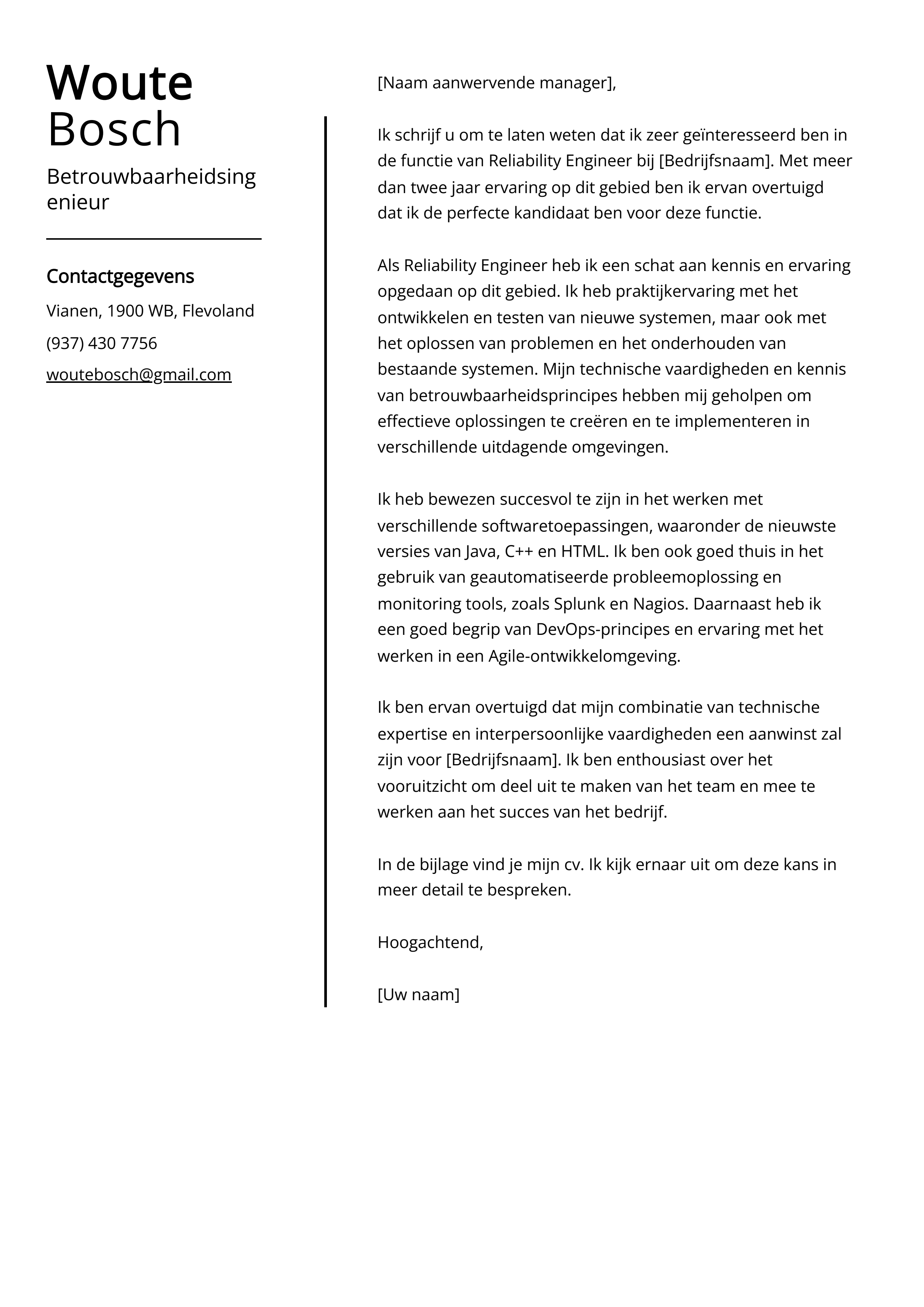 Betrouwbaarheidsingenieur Sollicitatiebrief Voorbeeld