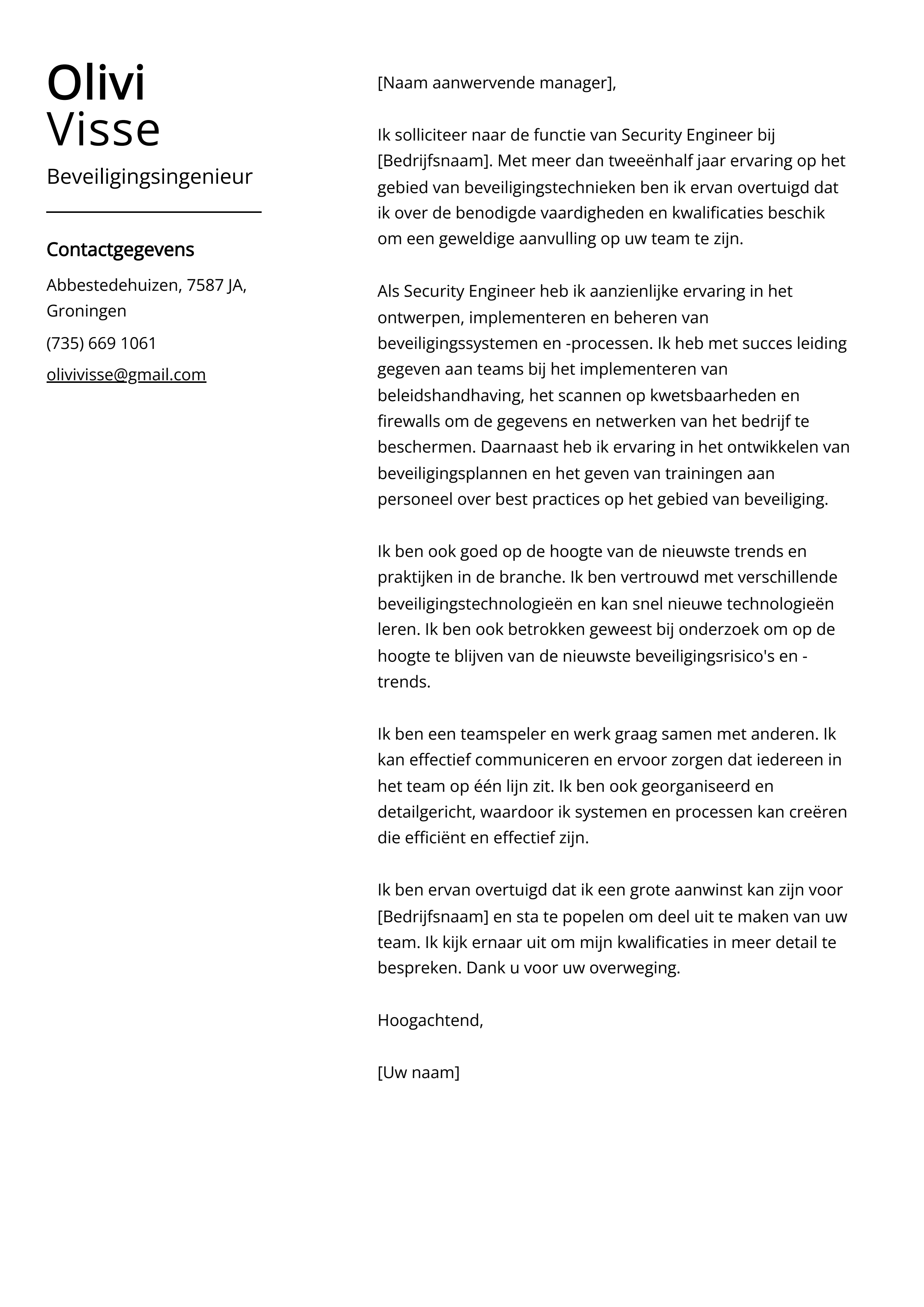 Beveiligingsingenieur sollicitatiebrief voorbeeld