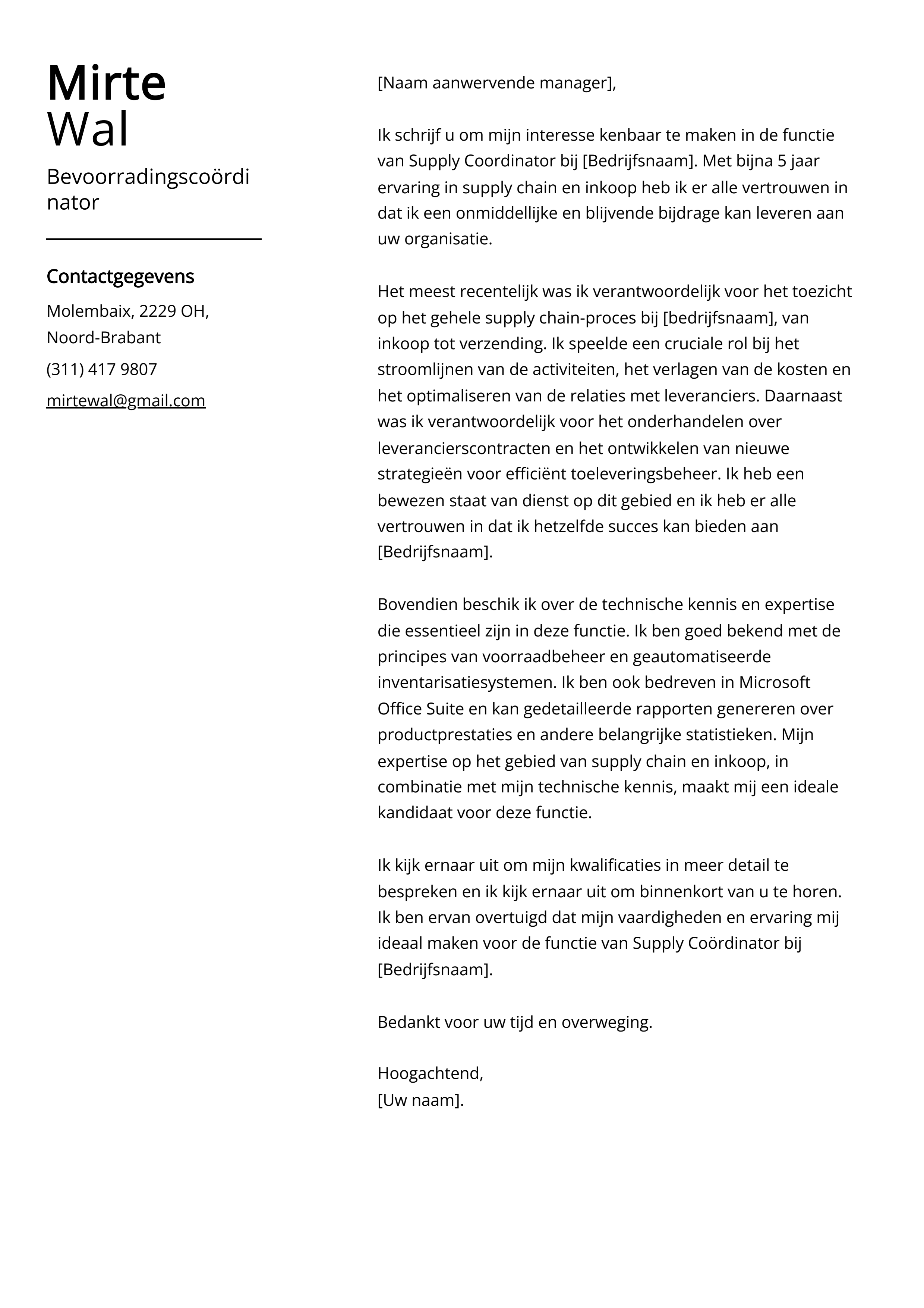 Bevoorradingscoördinator Voorbeeld sollicitatiebrief