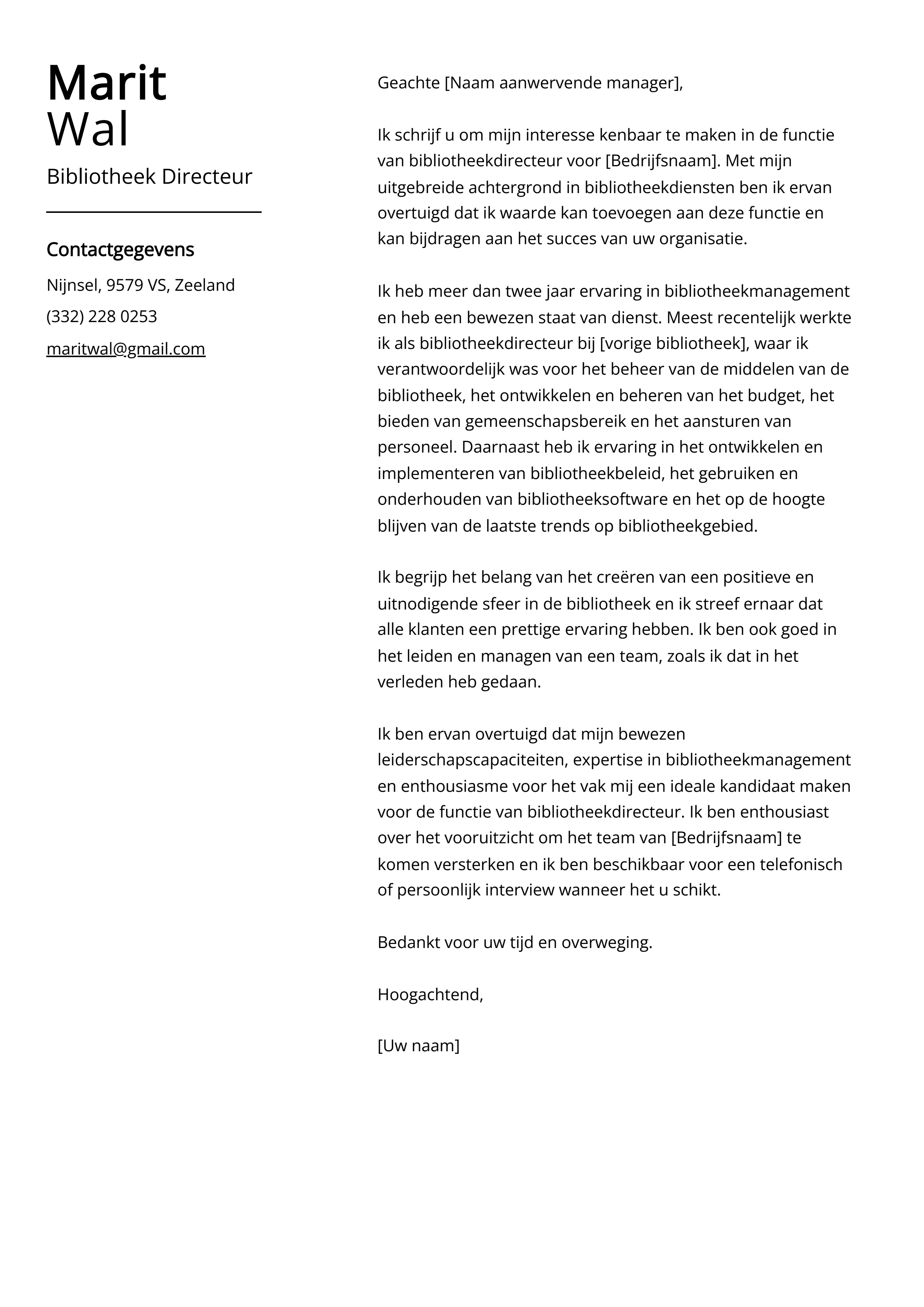 Bibliotheek Directeur Sollicitatiebrief Voorbeeld