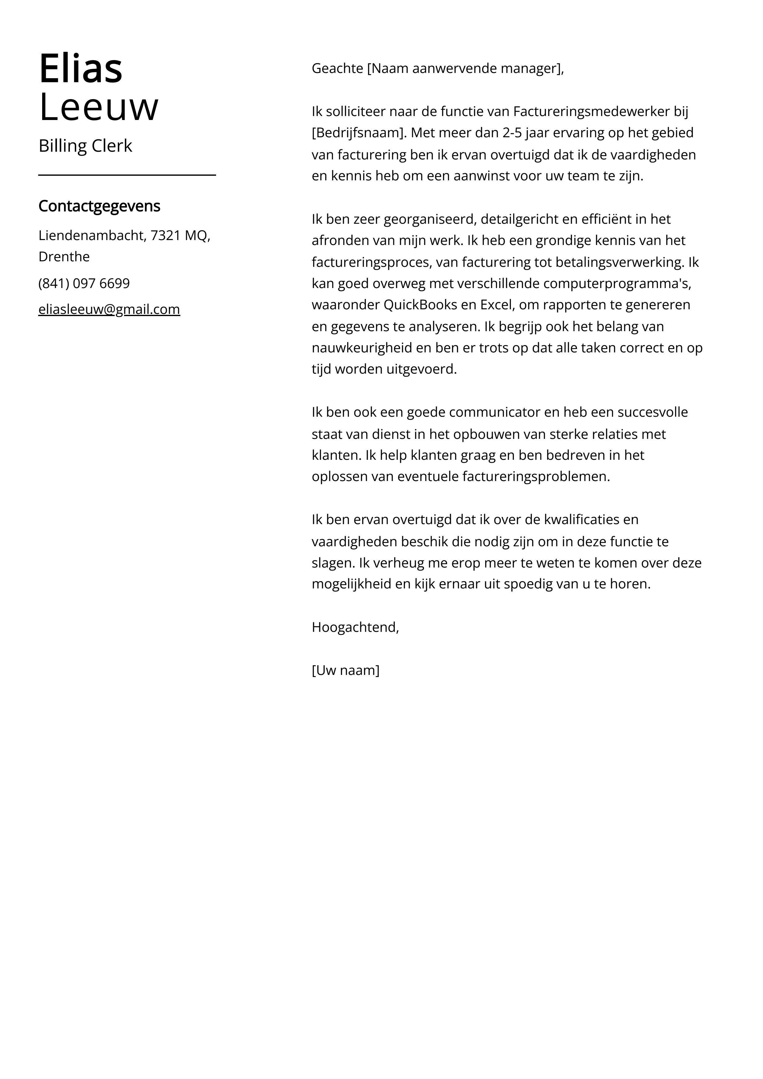 Billing Clerk Voorbeeld sollicitatiebrief