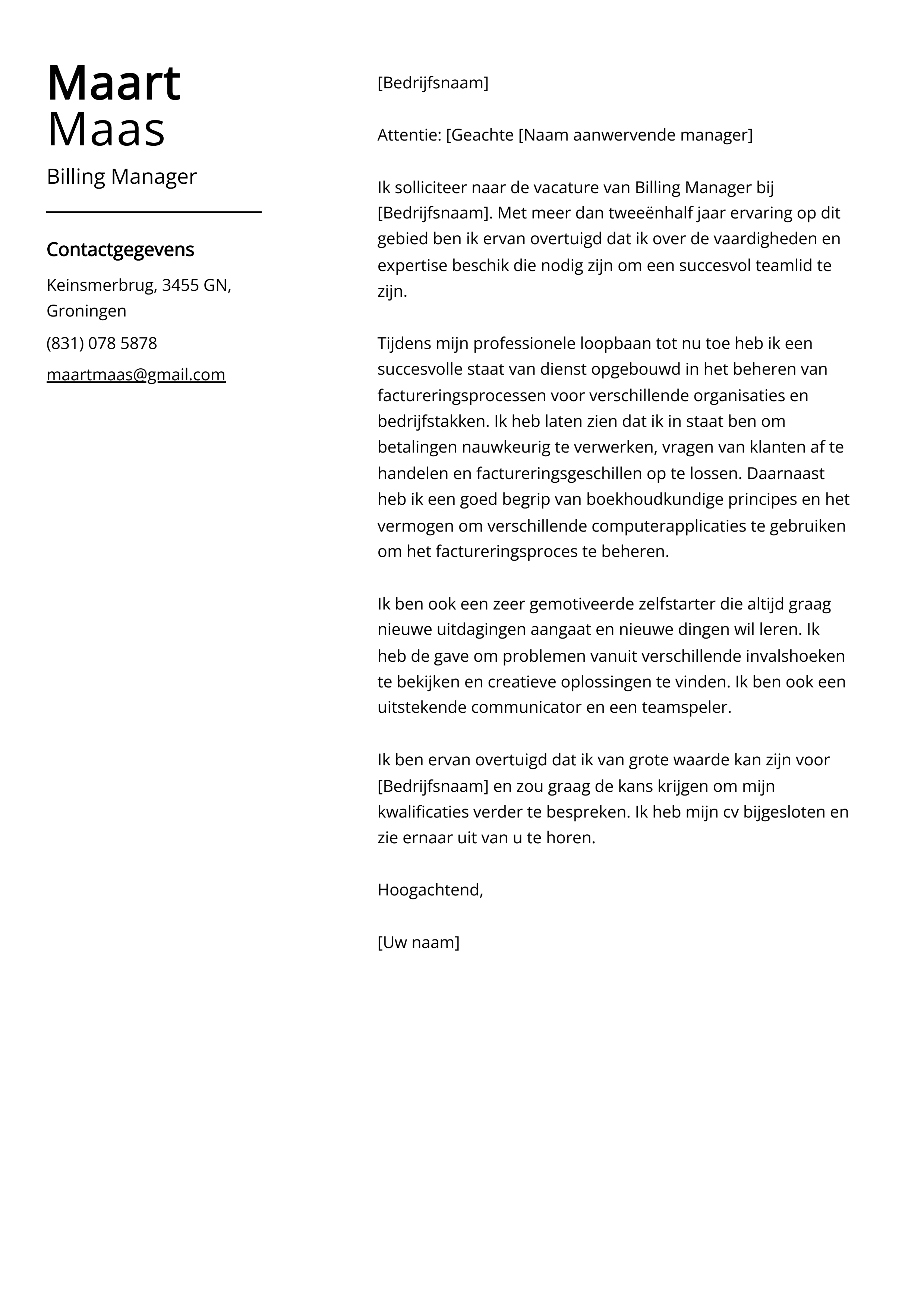 Billing Manager Voorbeeld sollicitatiebrief