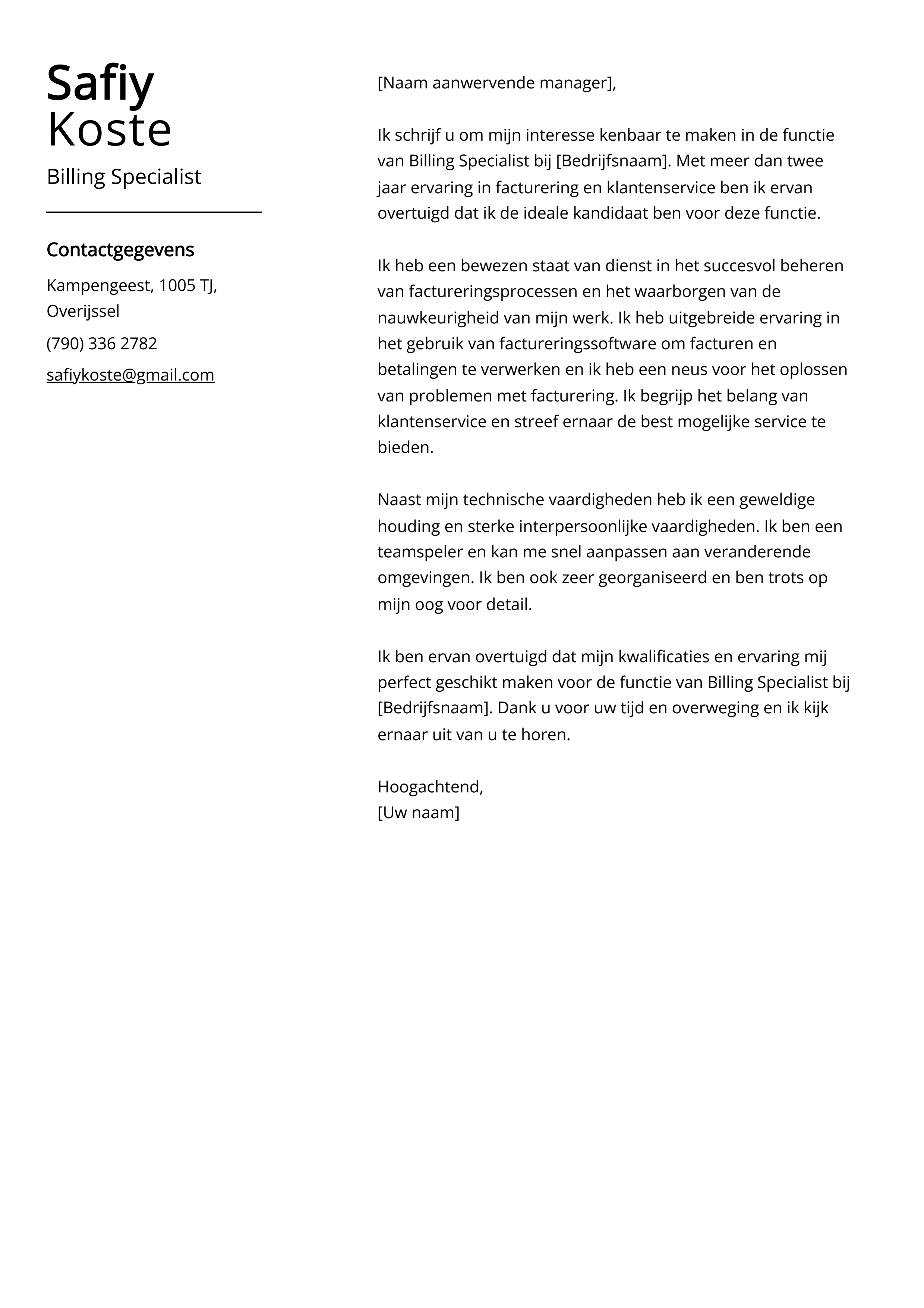 Billing Specialist Voorbeeld sollicitatiebrief