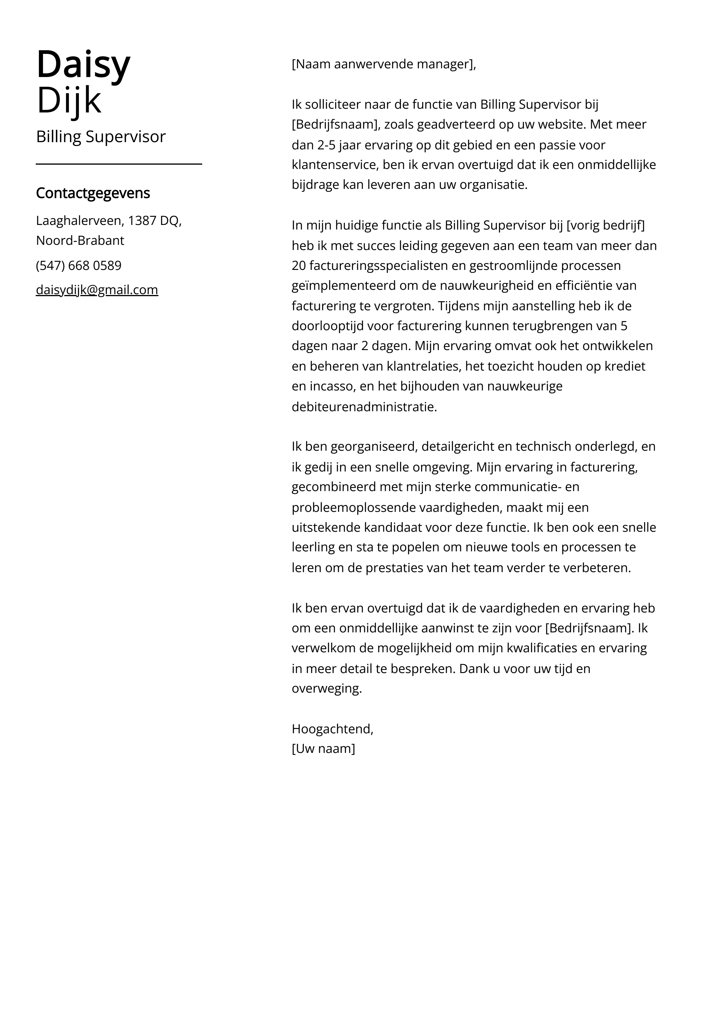 Billing Supervisor Voorbeeld sollicitatiebrief