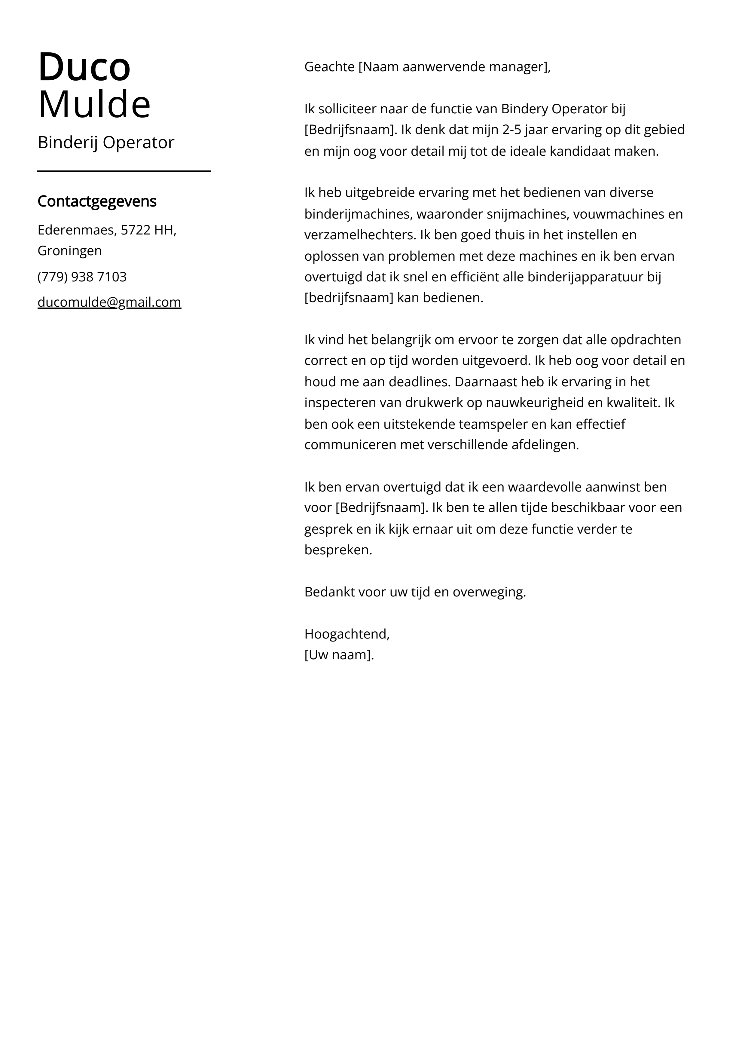 Binderij Operator Sollicitatiebrief Voorbeeld