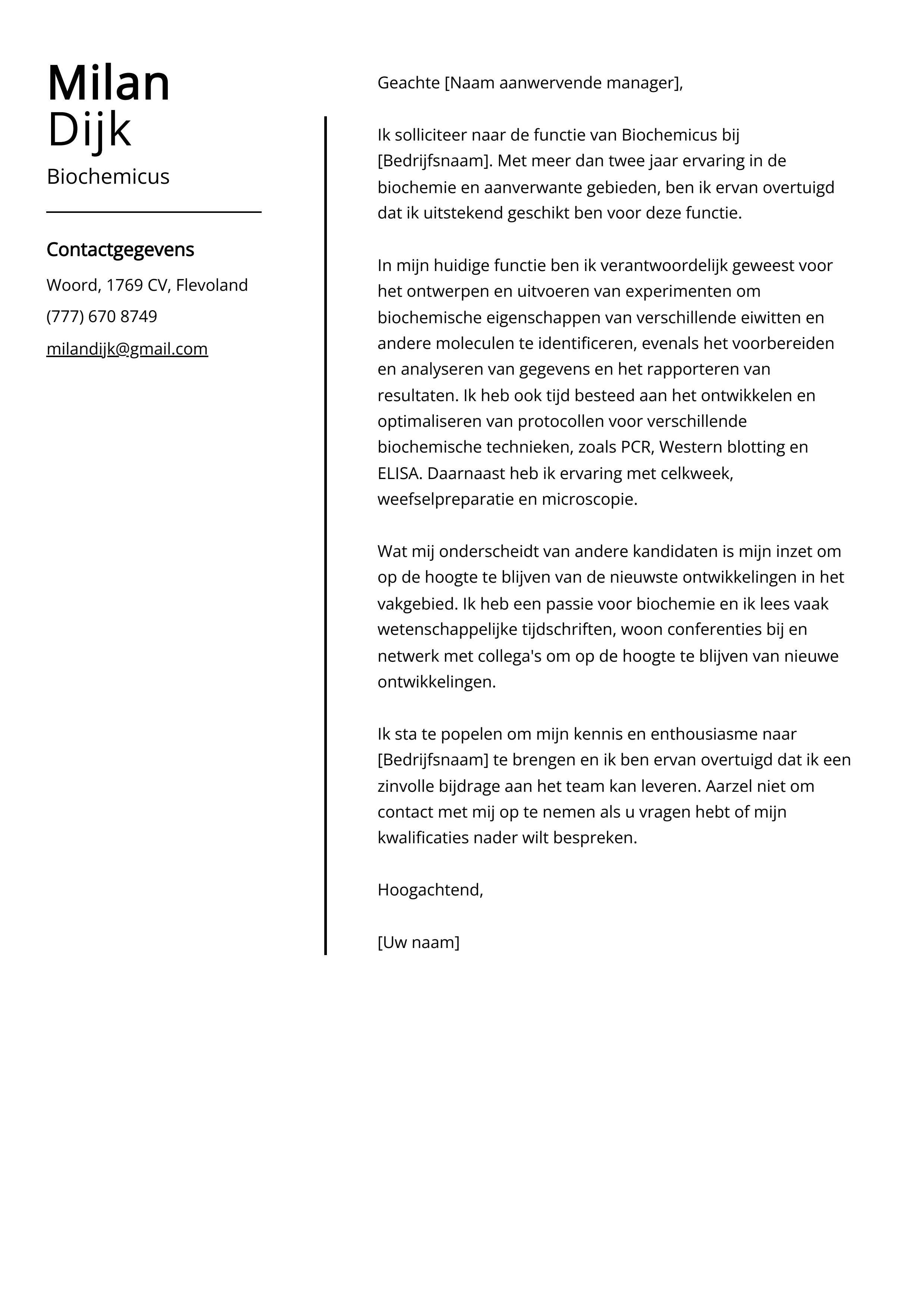 Voorbeeld sollicitatiebrief biochemicus