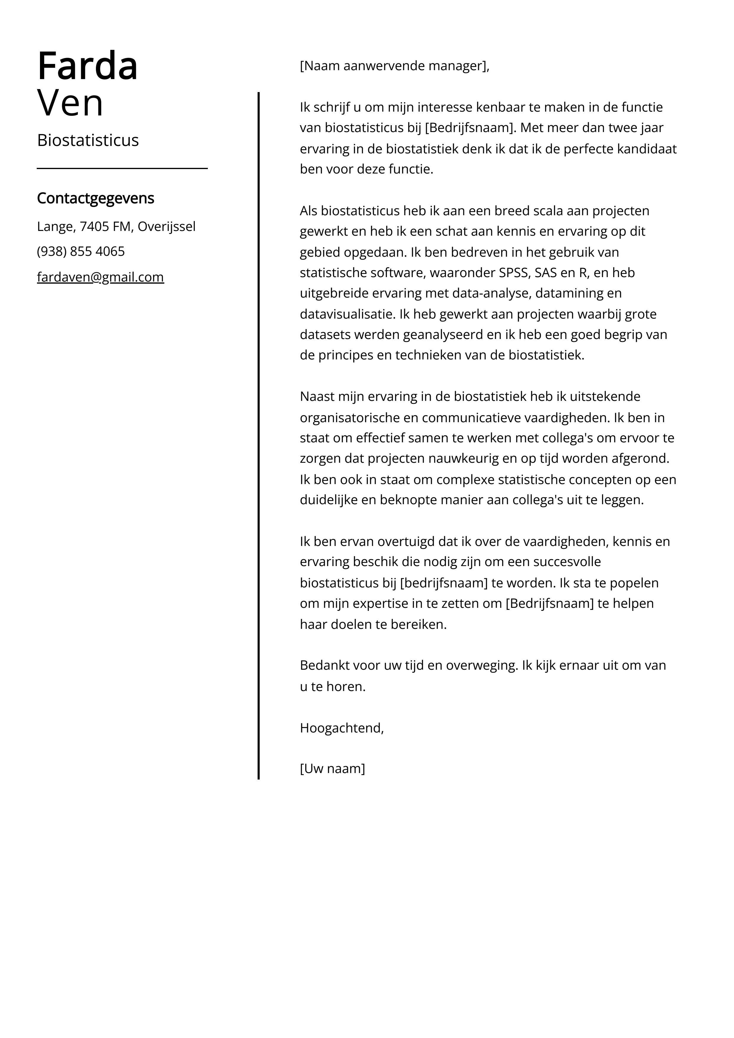 Biostatisticus sollicitatiebrief voorbeeld