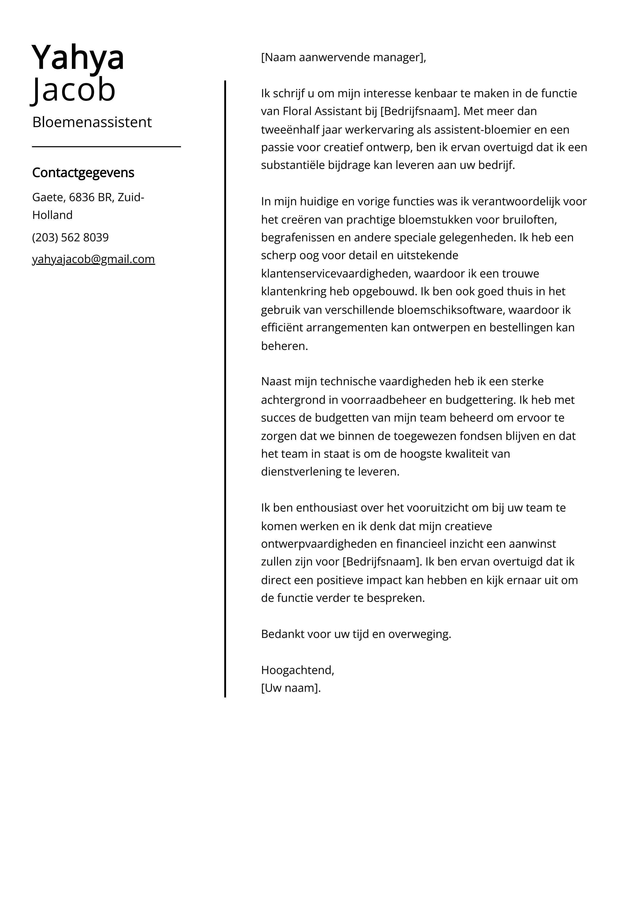 Bloemenassistent Sollicitatiebrief Voorbeeld