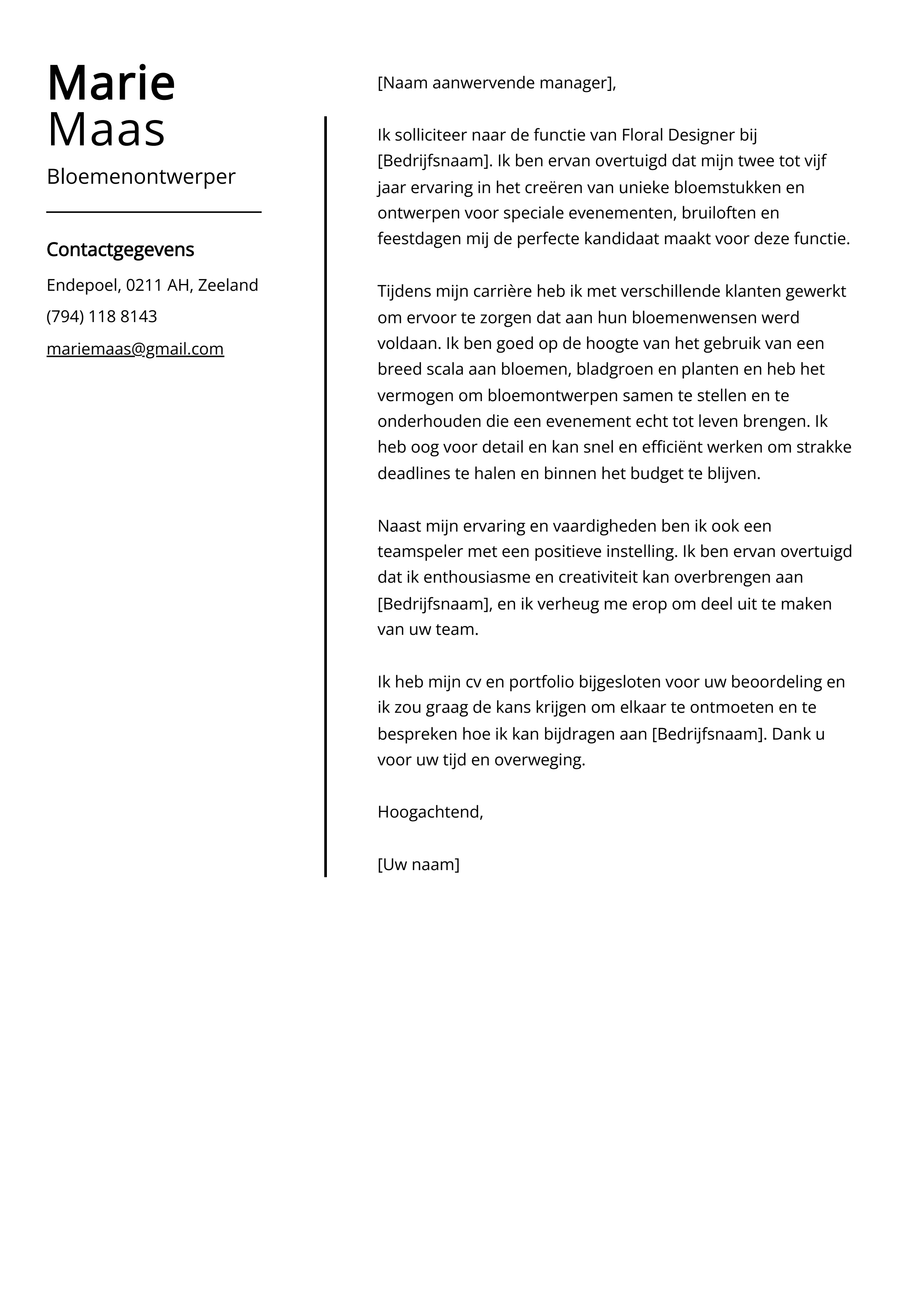 Bloemenontwerper Sollicitatiebrief Voorbeeld