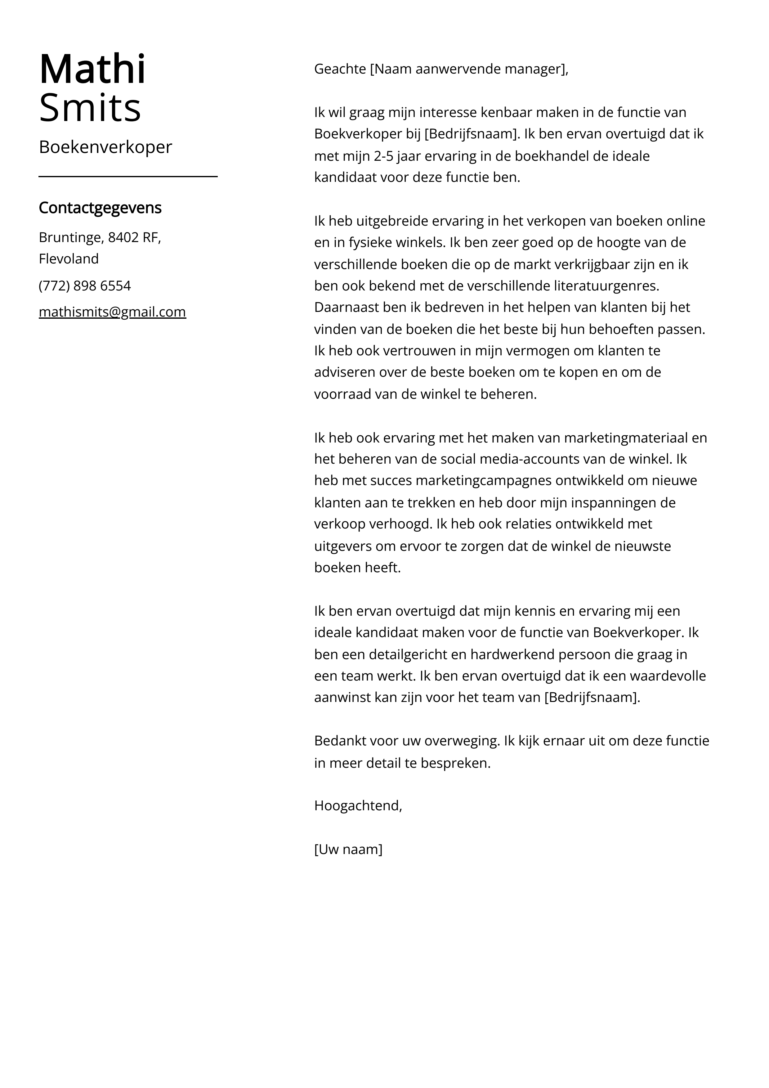 Boekenverkoper Sollicitatiebrief Voorbeeld