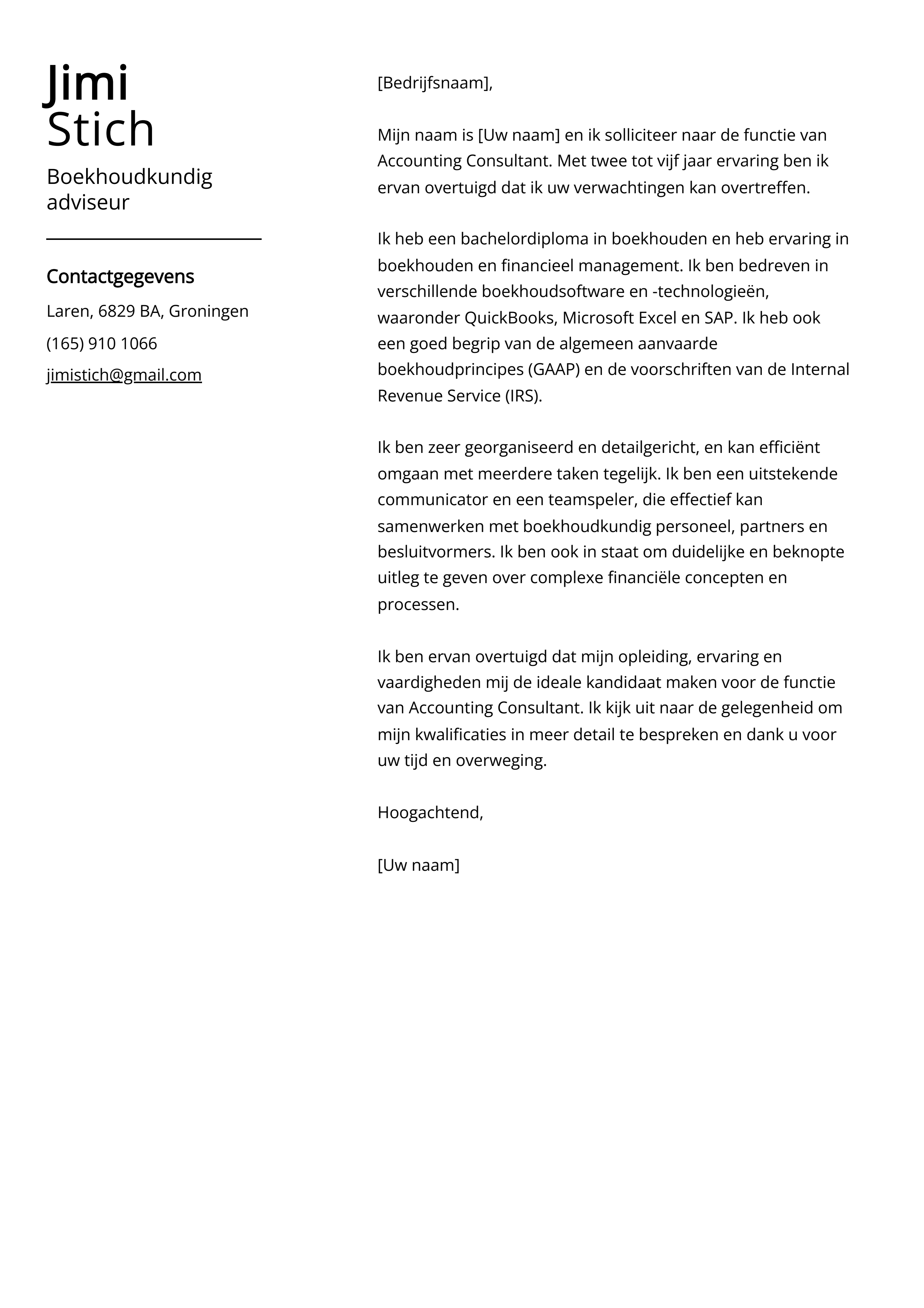 Boekhoudkundig adviseur Voorbeeld sollicitatiebrief