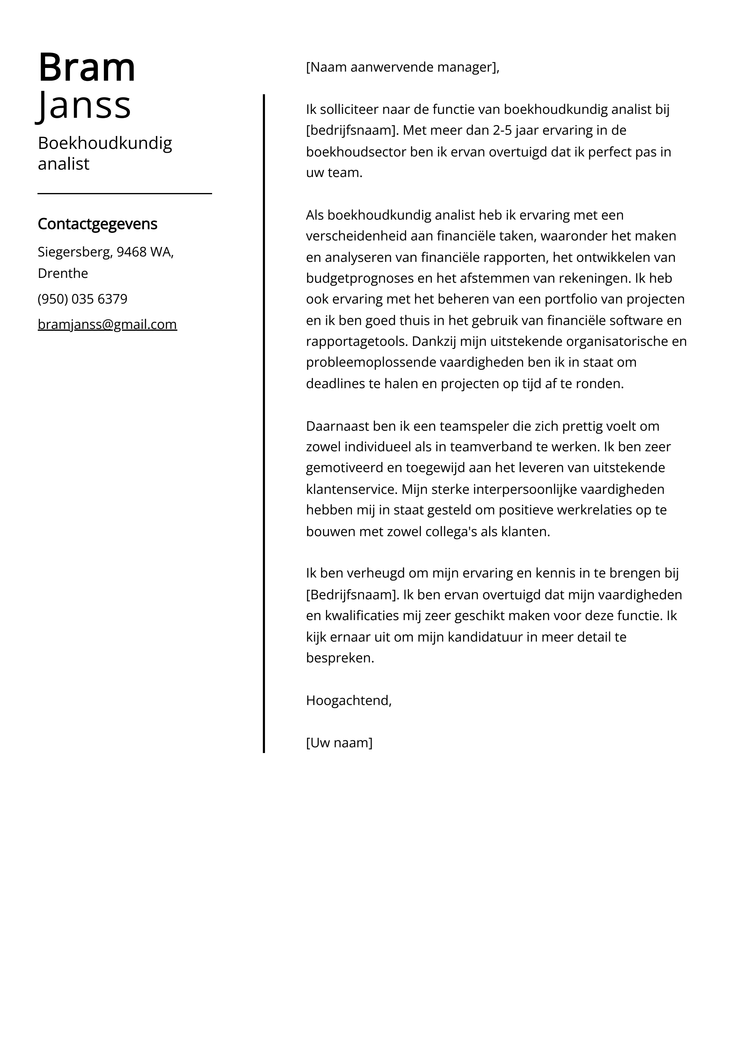 Boekhoudkundig analist Cover Letter Voorbeeld