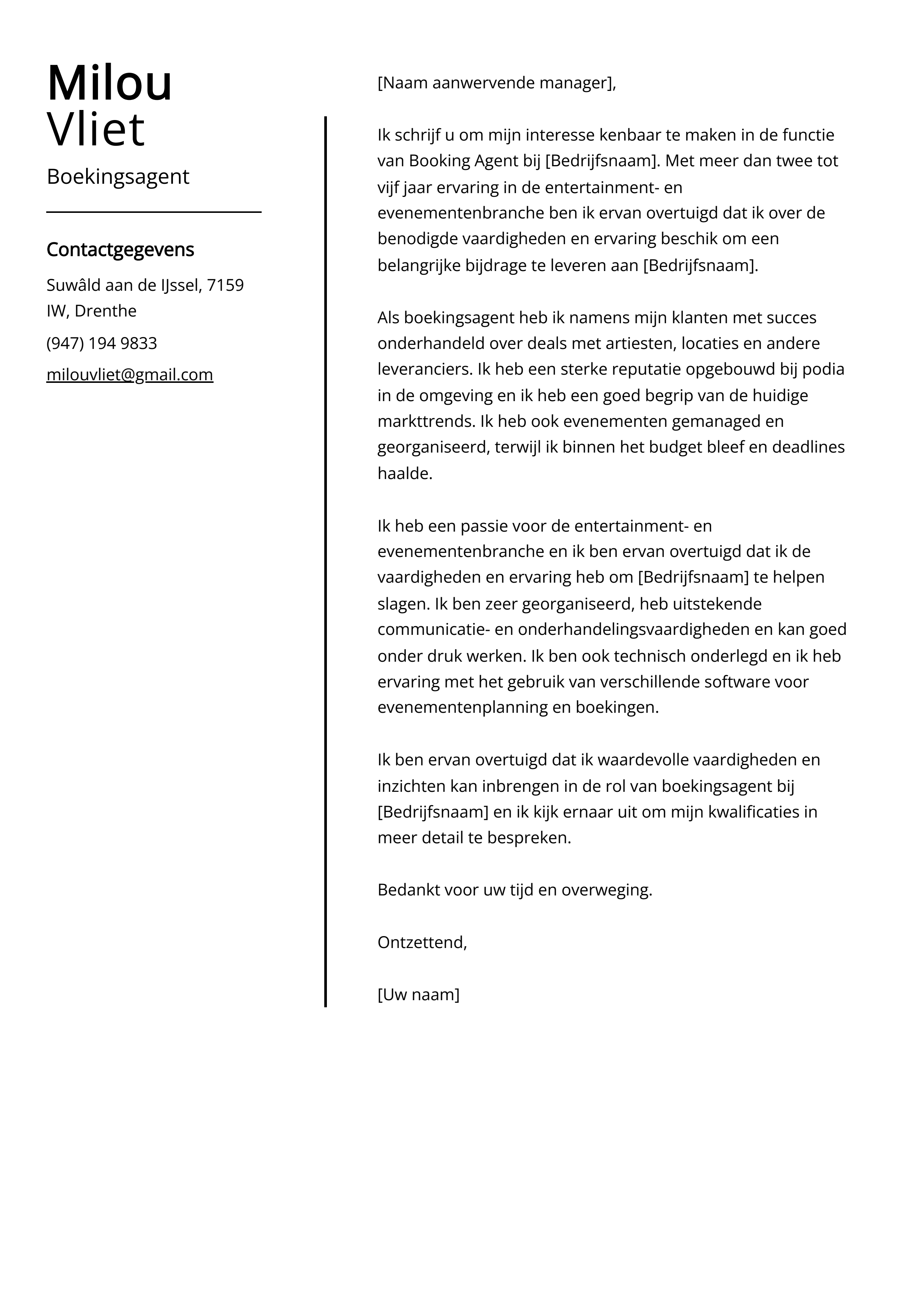 Boekingsagent Voorbeeld Cover Letter