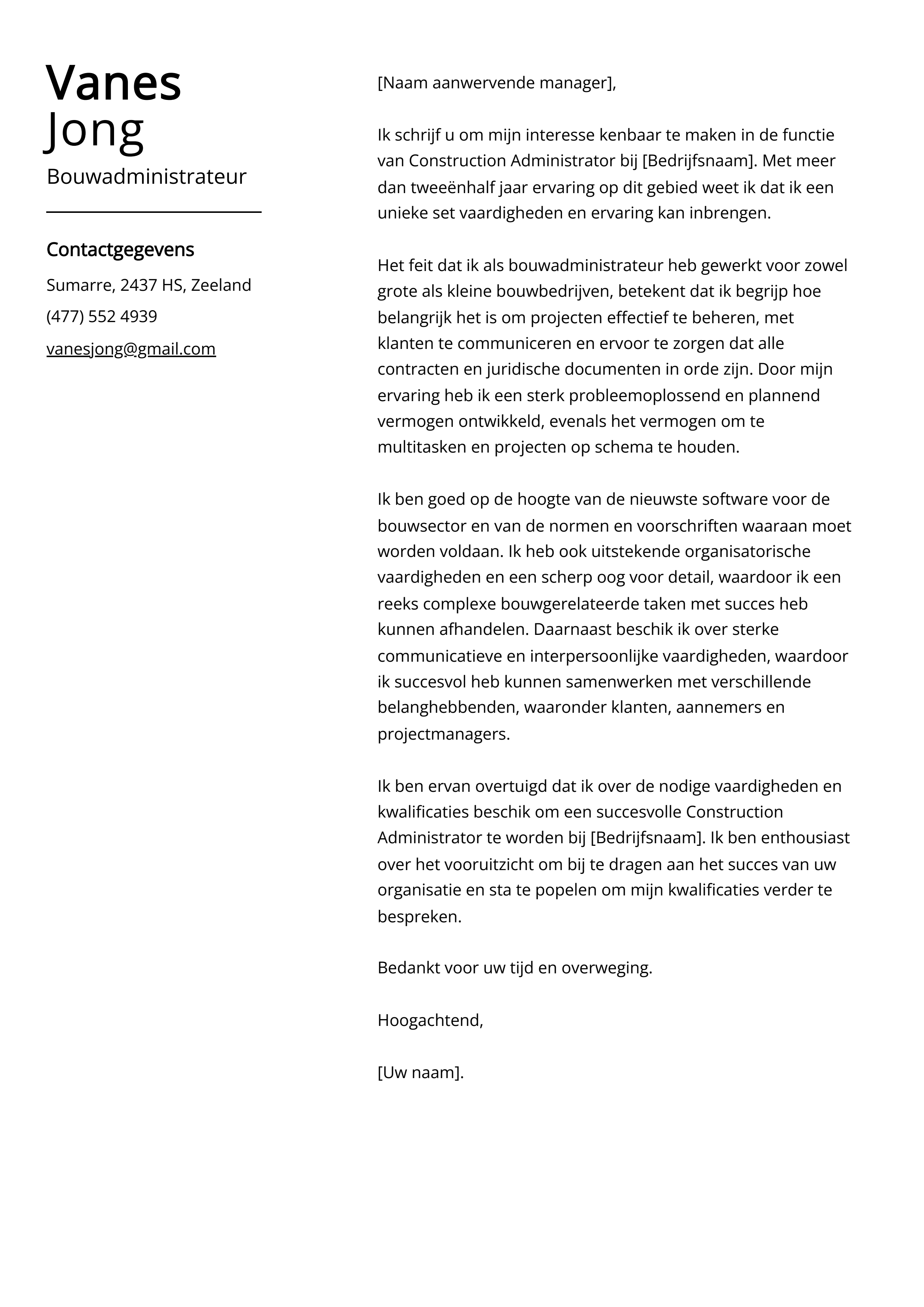 Bouwadministrateur Sollicitatiebrief Voorbeeld