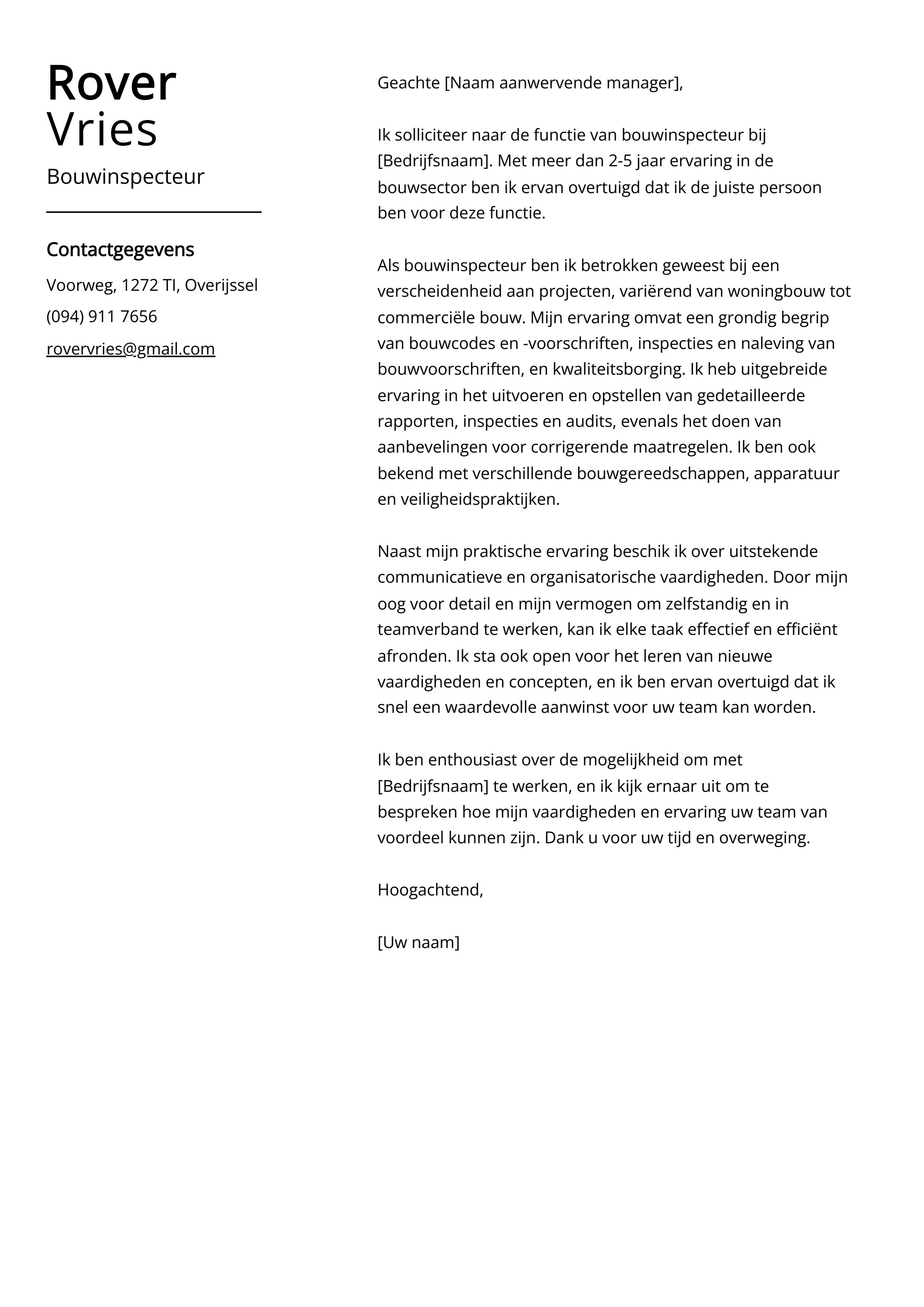 Bouwinspecteur sollicitatiebrief voorbeeld