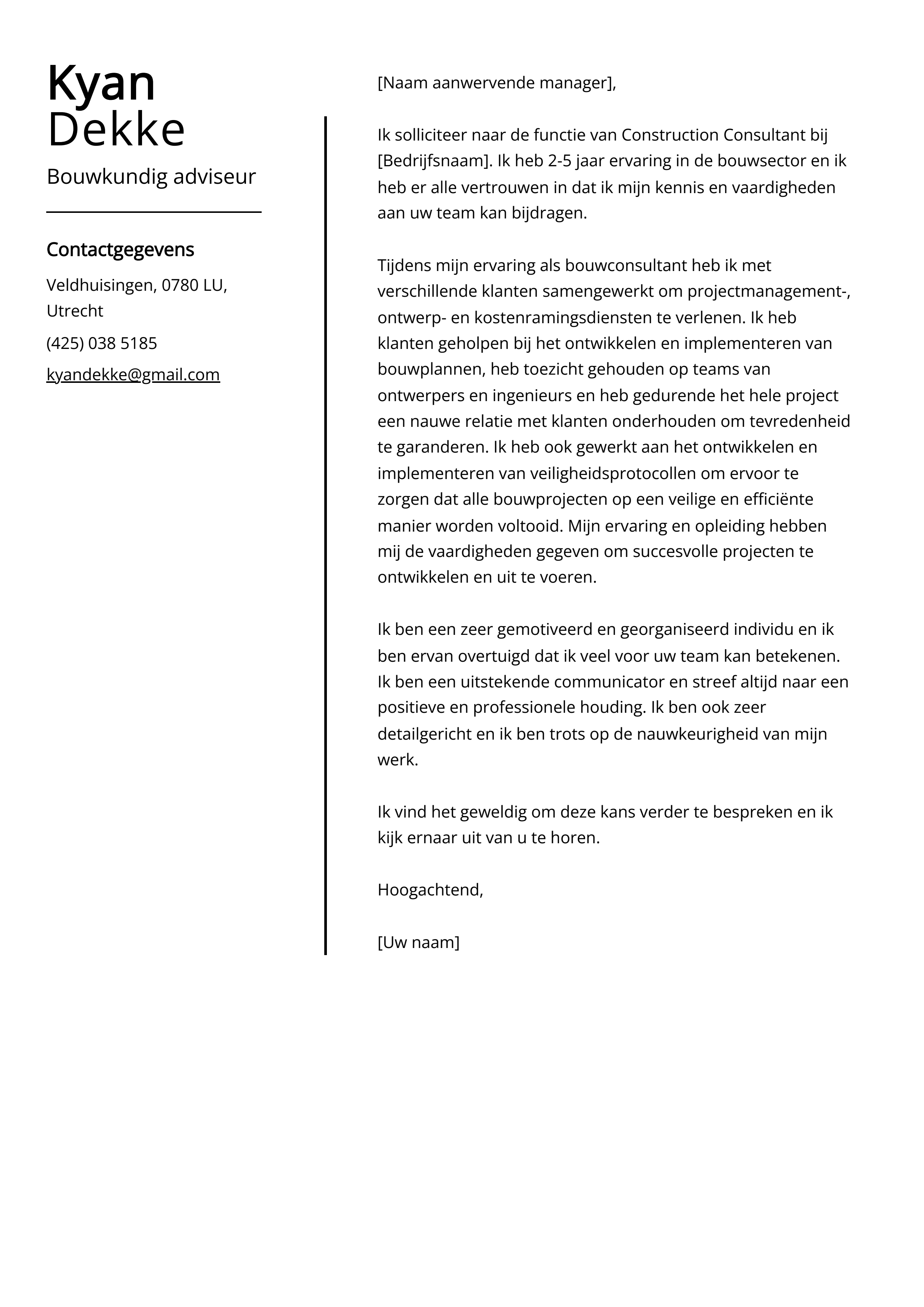 Bouwkundig adviseur Sollicitatiebrief Voorbeeld