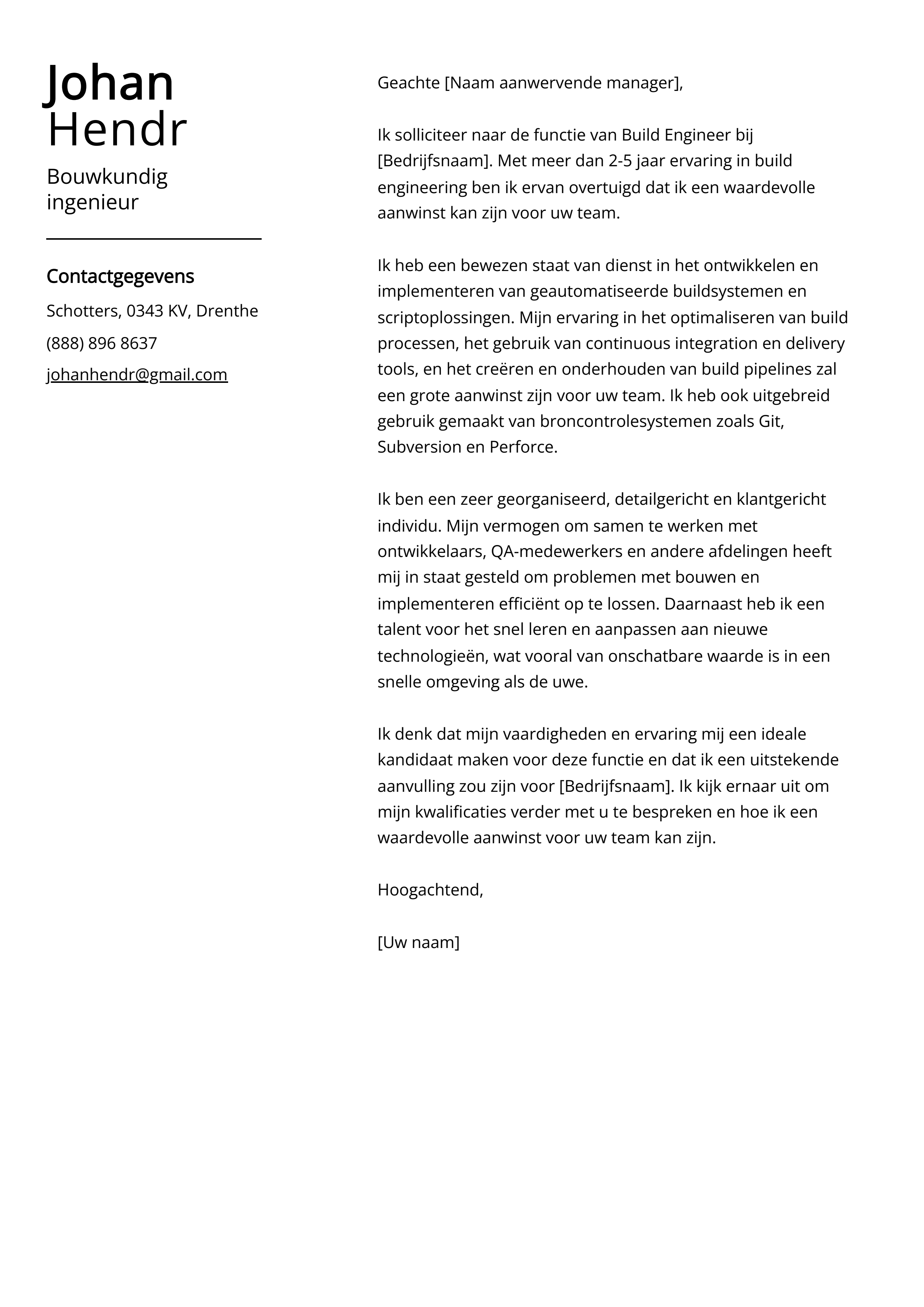 Bouwkundig ingenieur Sollicitatiebrief Voorbeeld