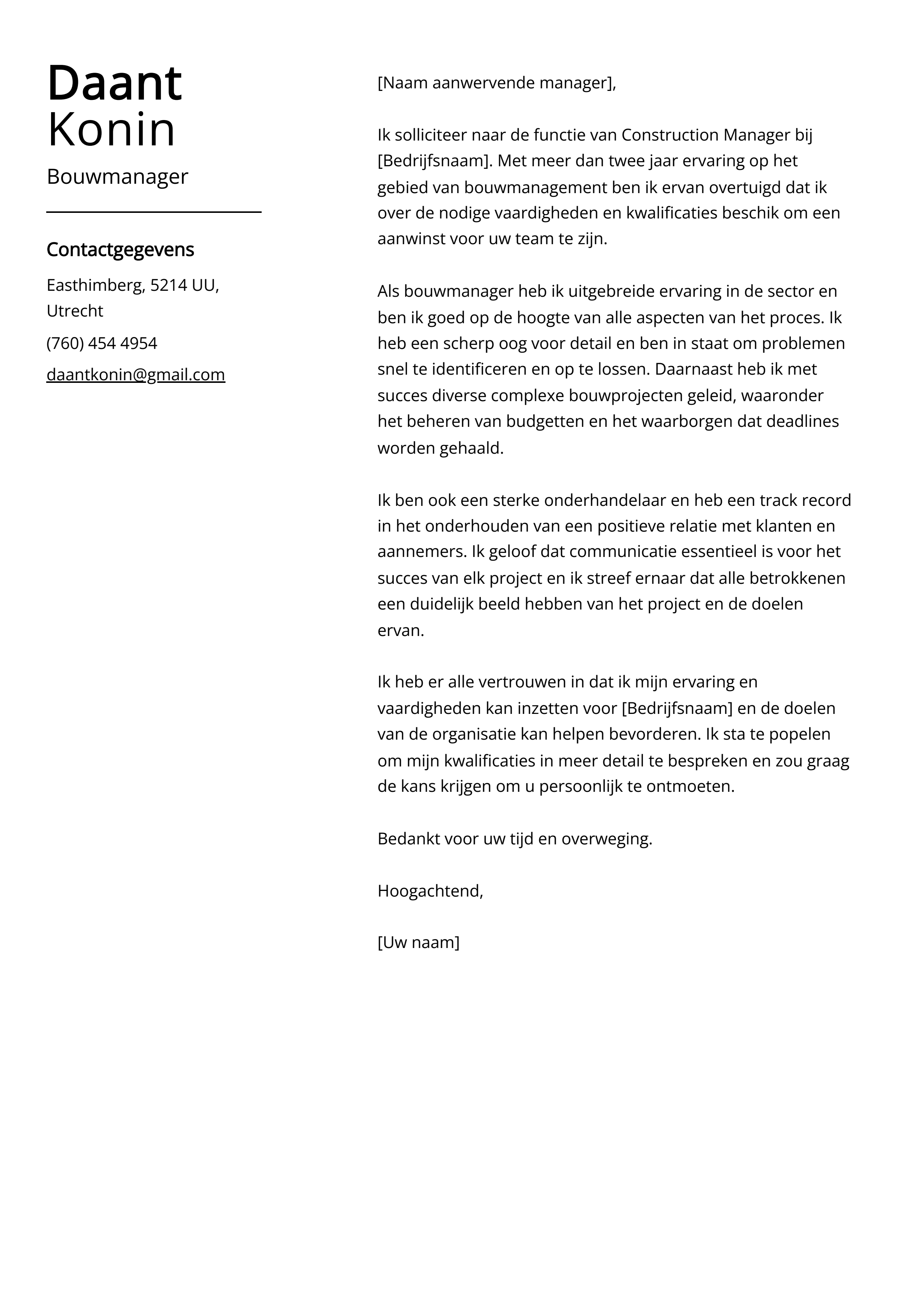 Bouwmanager Sollicitatiebrief Voorbeeld