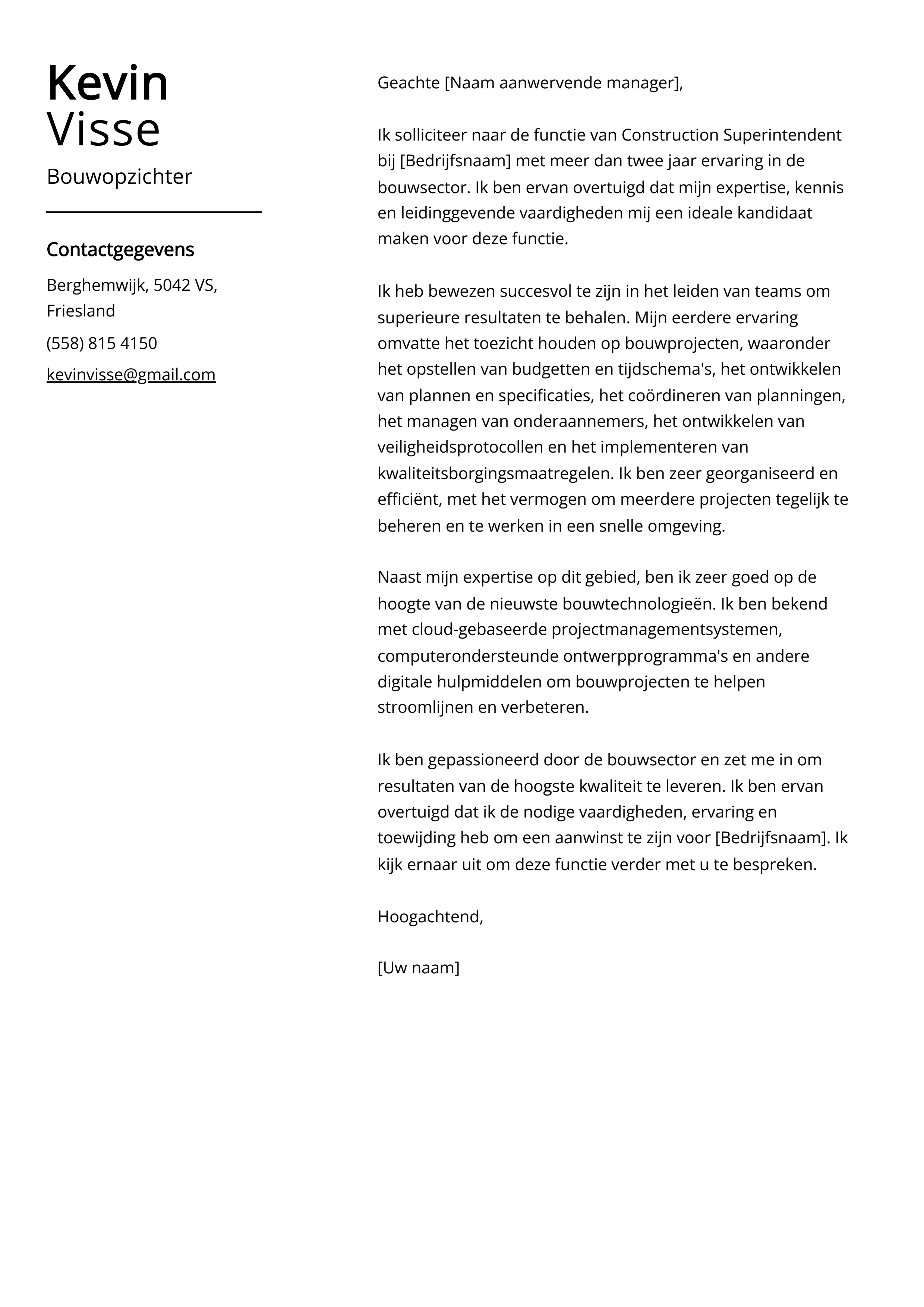 Bouwopzichter Sollicitatiebrief Voorbeeld