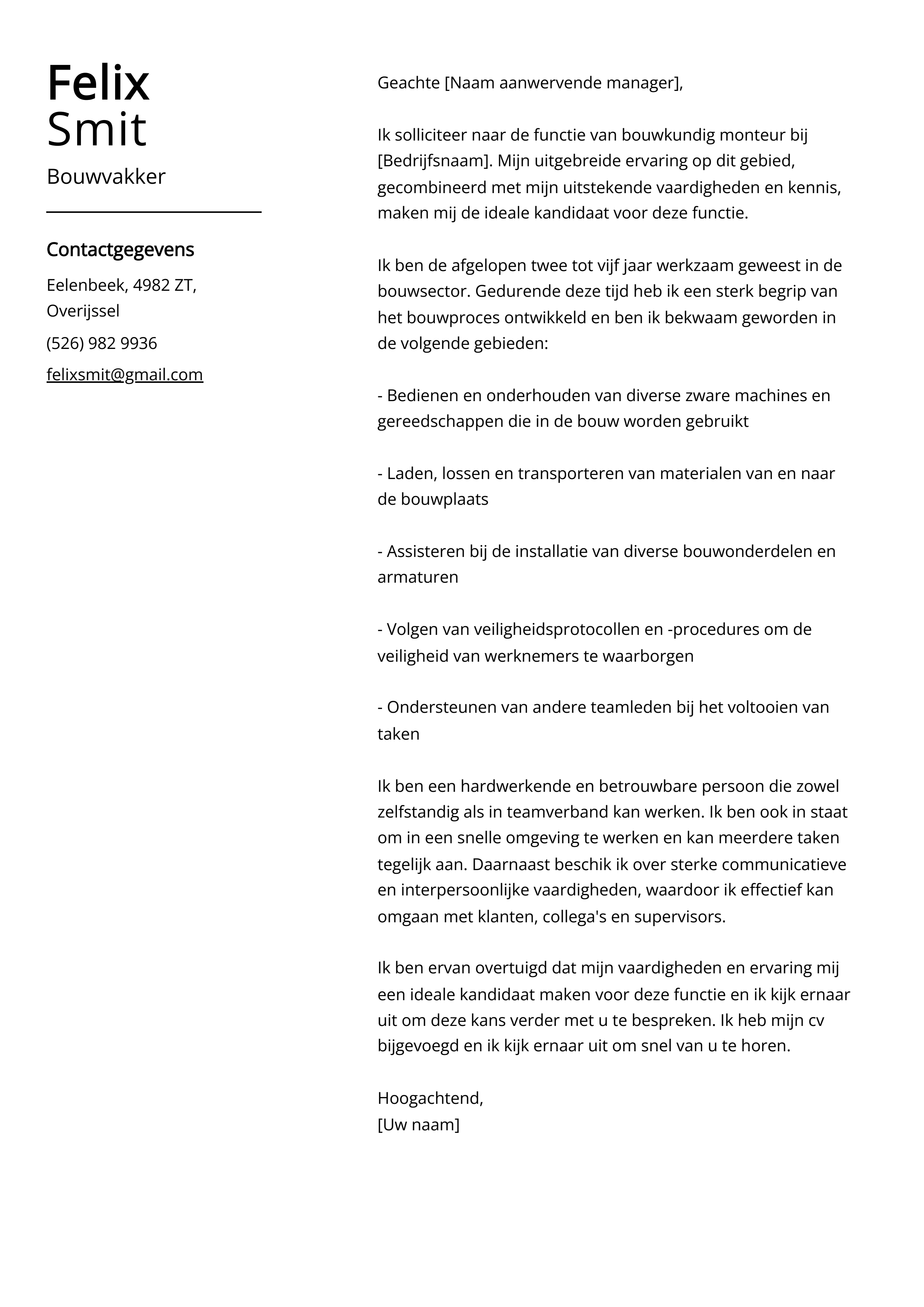 Bouwvakker Sollicitatiebrief Voorbeeld