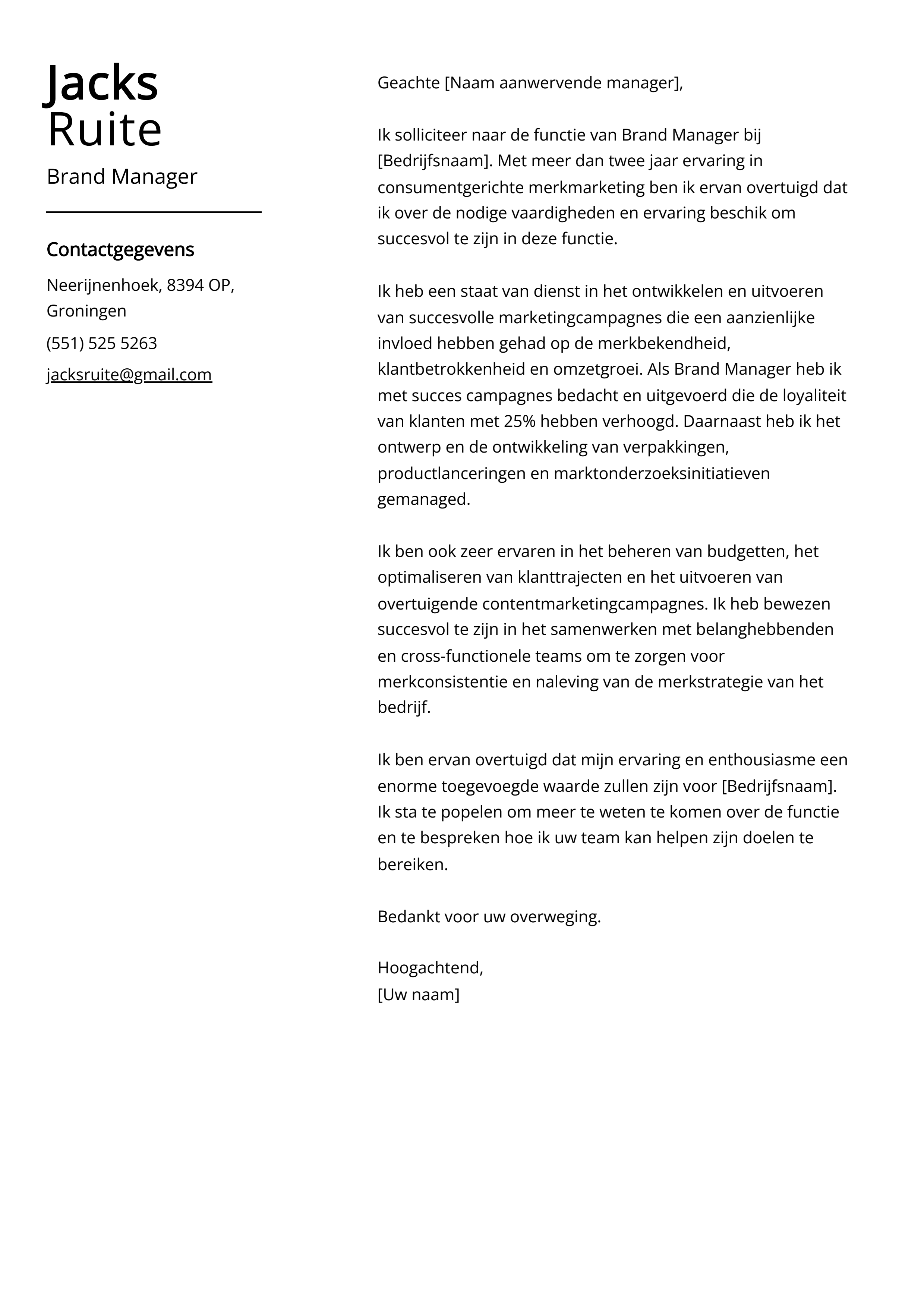 Brand Manager Voorbeeld sollicitatiebrief