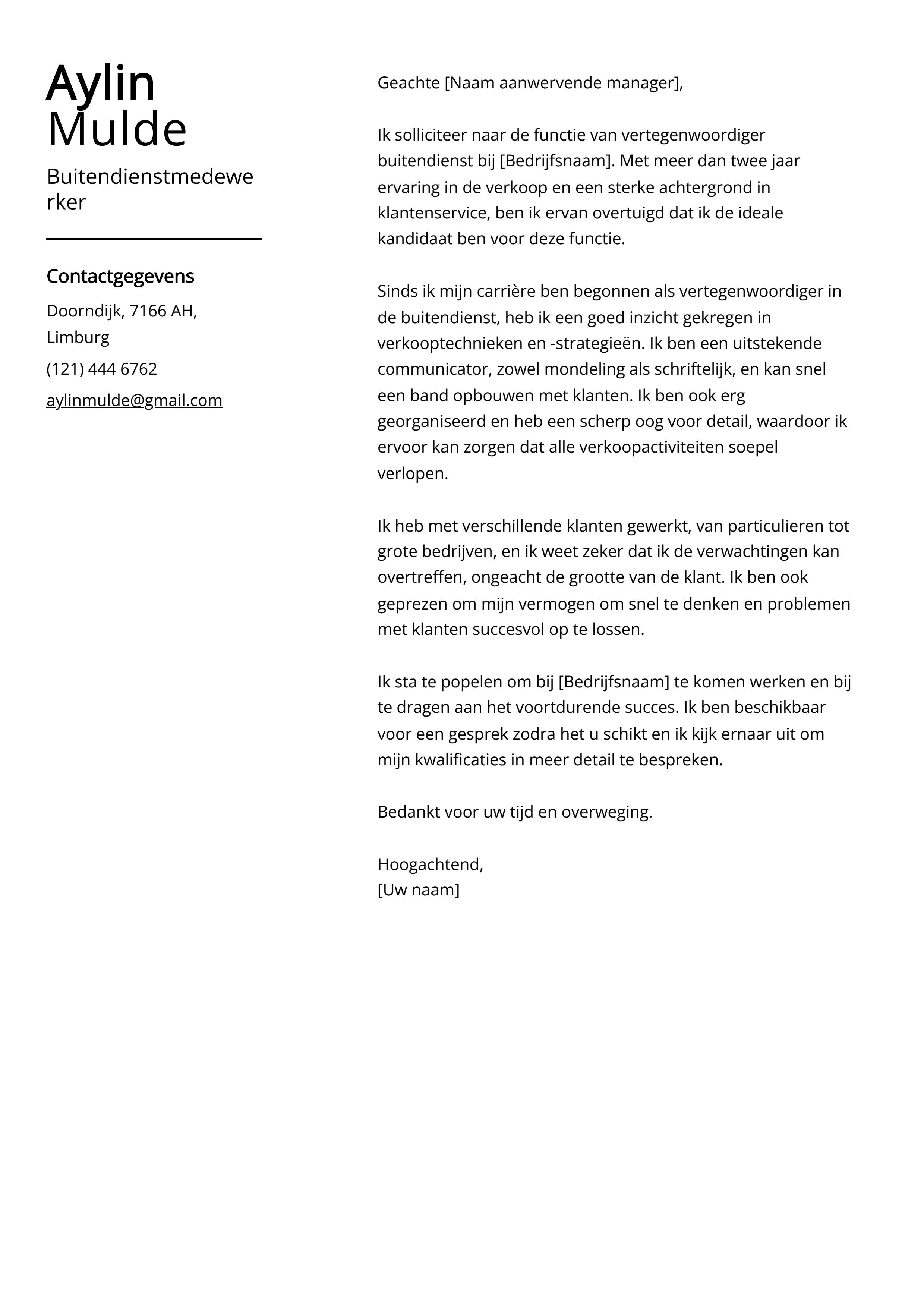 Buitendienstmedewerker Sollicitatiebrief Voorbeeld